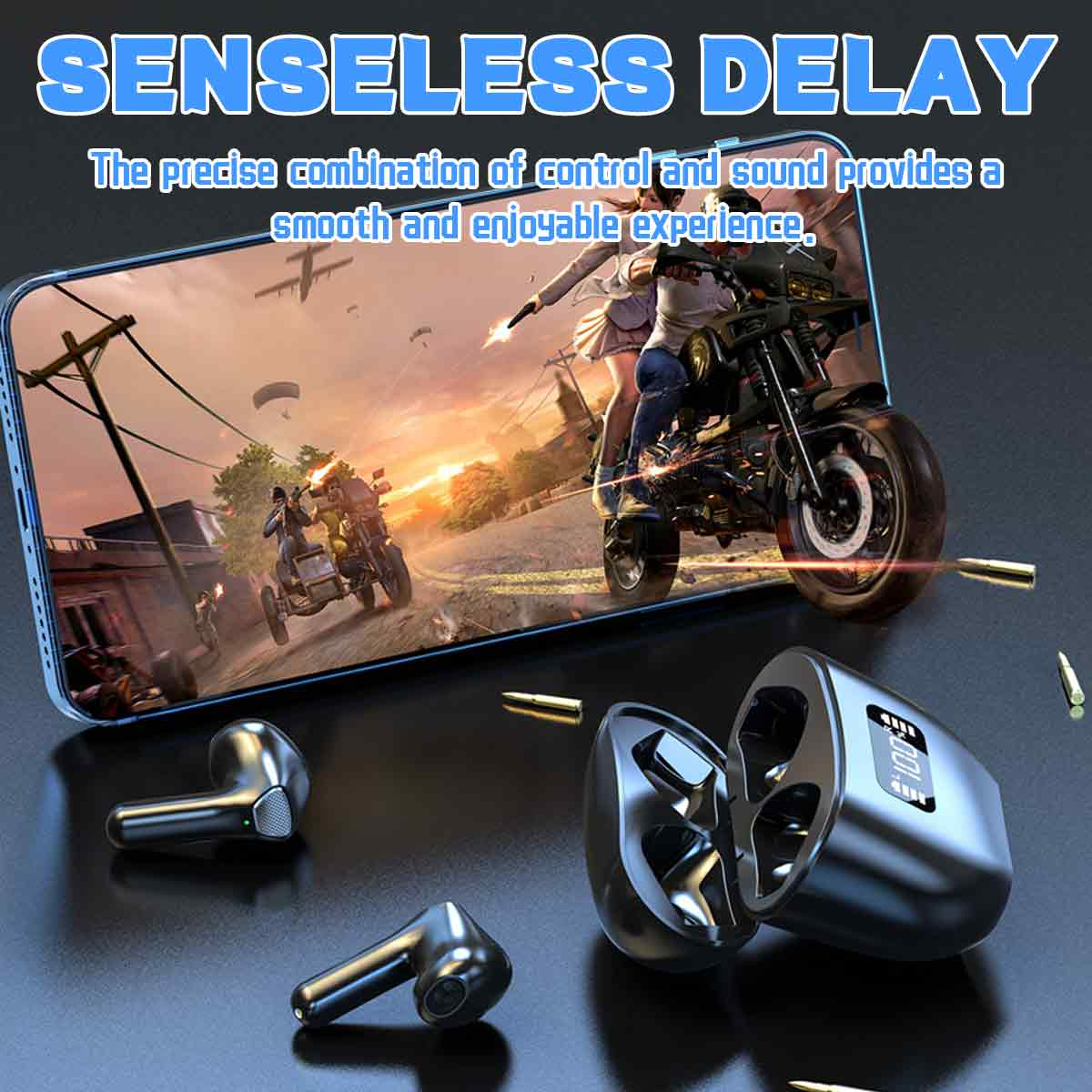 Ohrhörer in der Nähe eines Telefons, das ein Spiel mit einem Motorrad zeigt, mit Text über Verzögerung.