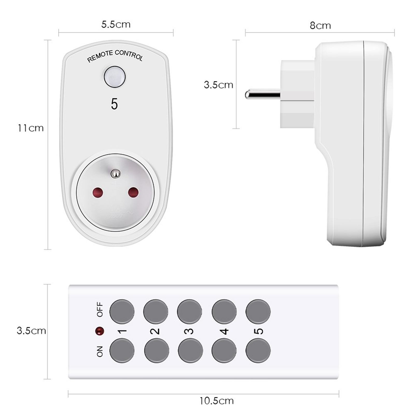 Diagramm einer Fernbedienung und einer Steckdose mit Abmessungen in Zentimetern.