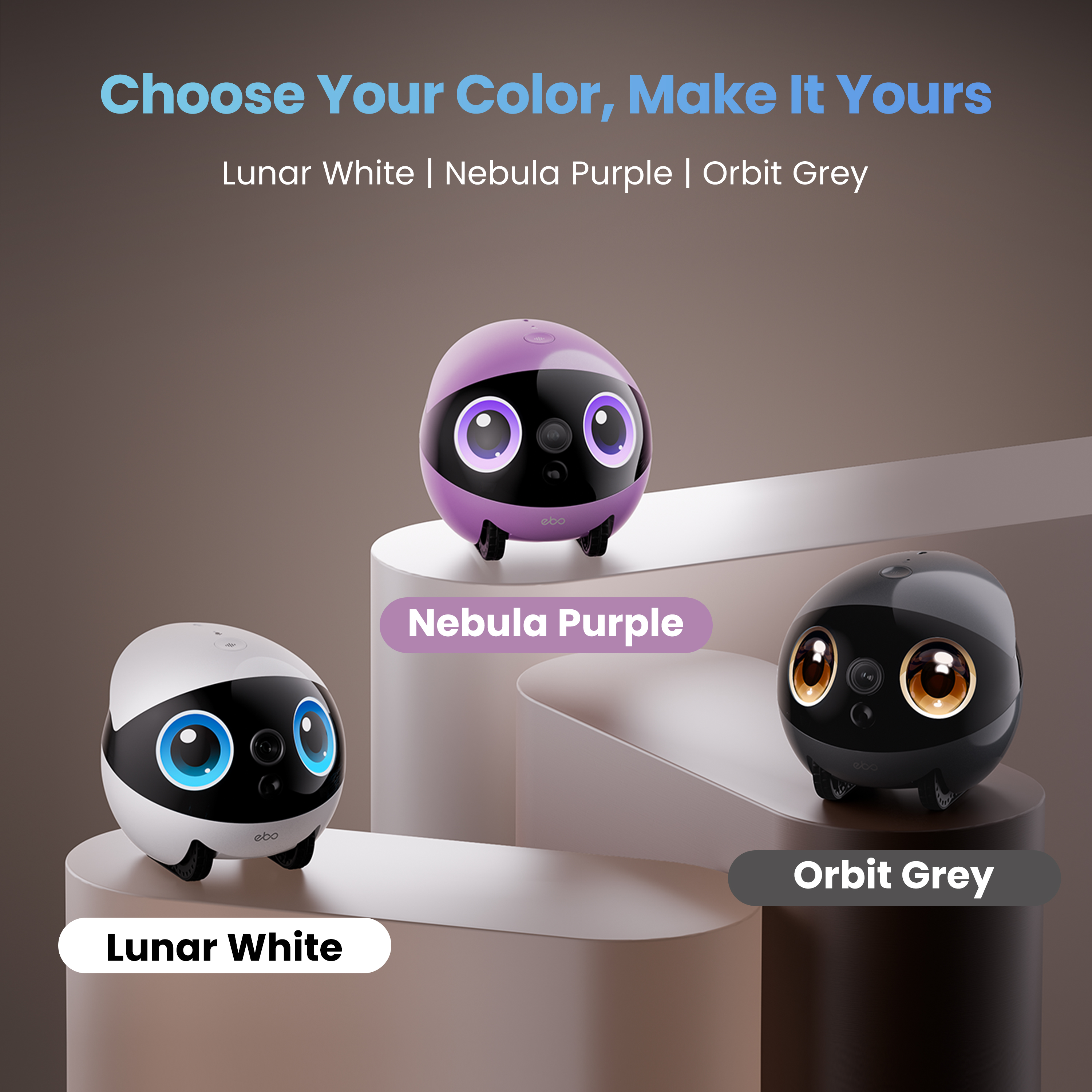 Drei Robotermodelle in Weiß, Lila und Schwarz mit den Worten 'Lunar White', 'Nebula Purple' und 'Orbit Grey'.