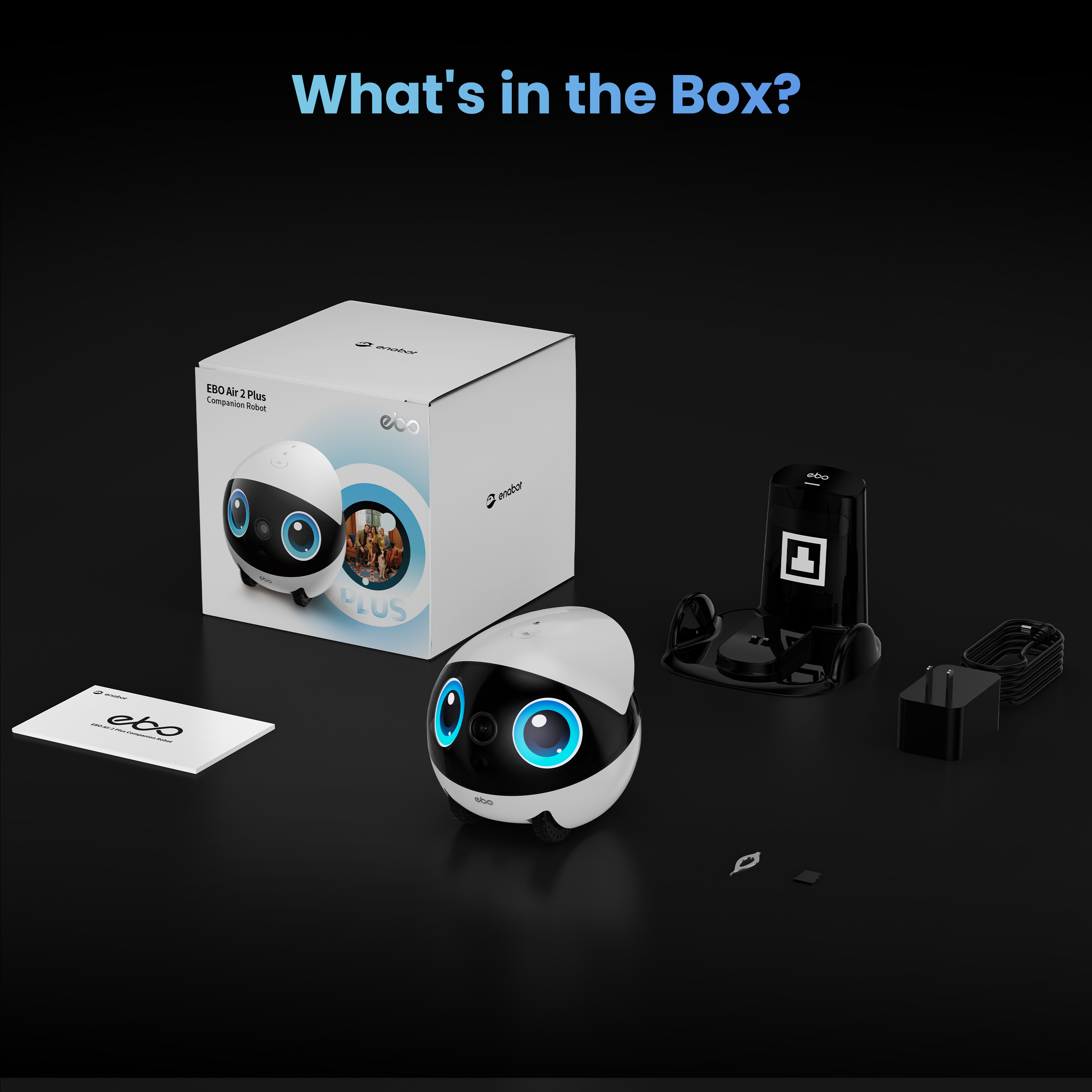 Eine Schachtel enthält einen Roboter mit Kamera, Ladestation und Zubehör, mit den Worten 'Was ist in der Box?'.