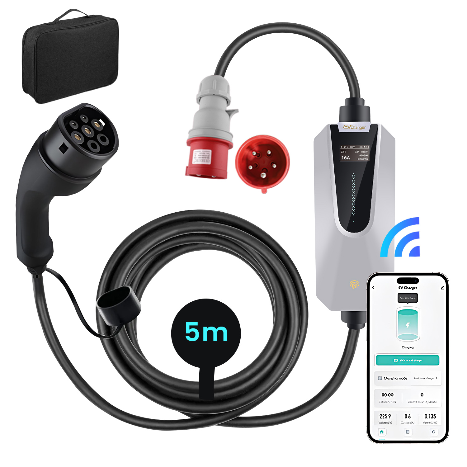 Ein EV-Ladegerät mit Ladekabel, Stecker und Smartphone, das den Ladefortschritt und die Einstellungen anzeigt.