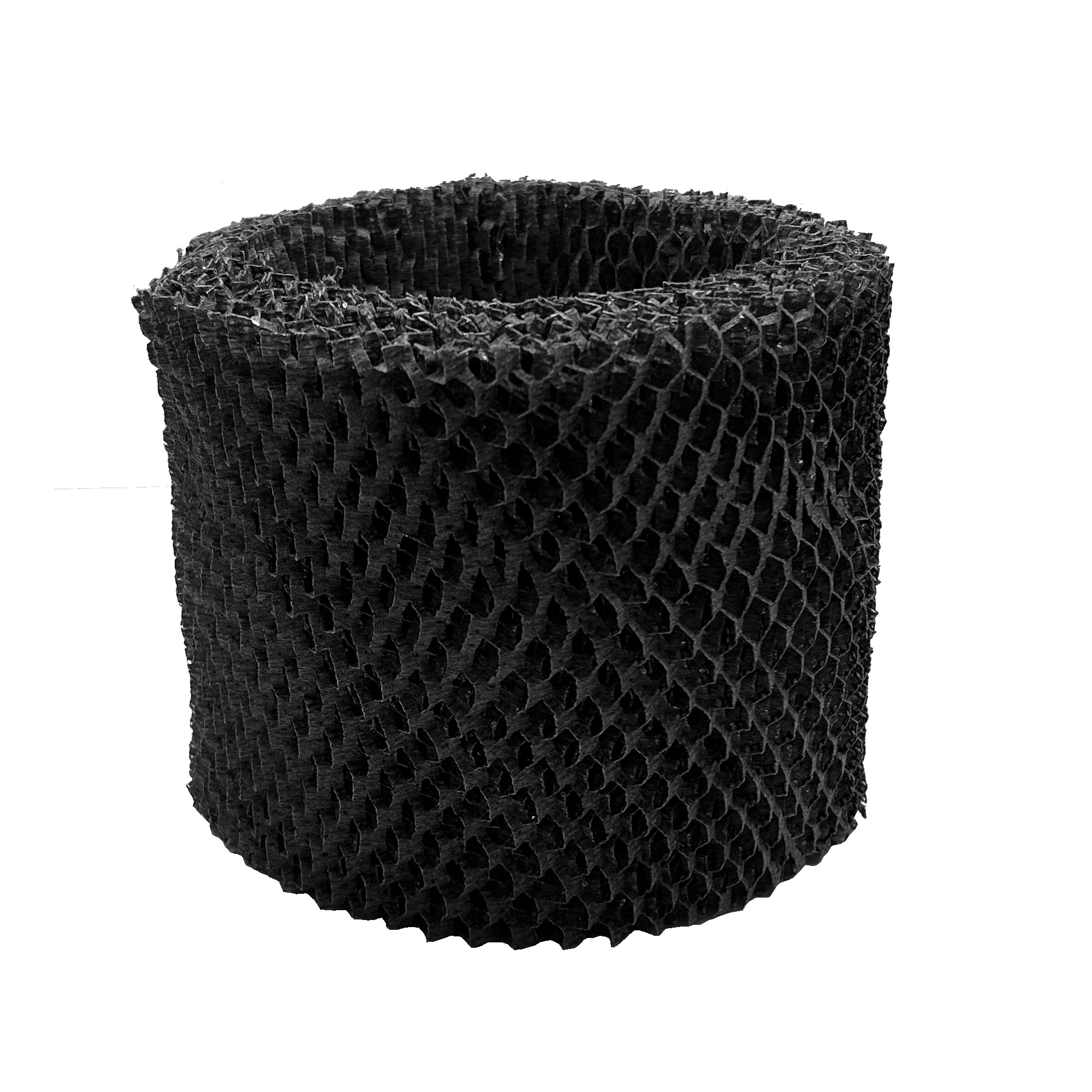 Nahaufnahme eines zylindrischen schwarzen Filters mit poröser Oberfläche, wahrscheinlich für einen Luftreiniger.