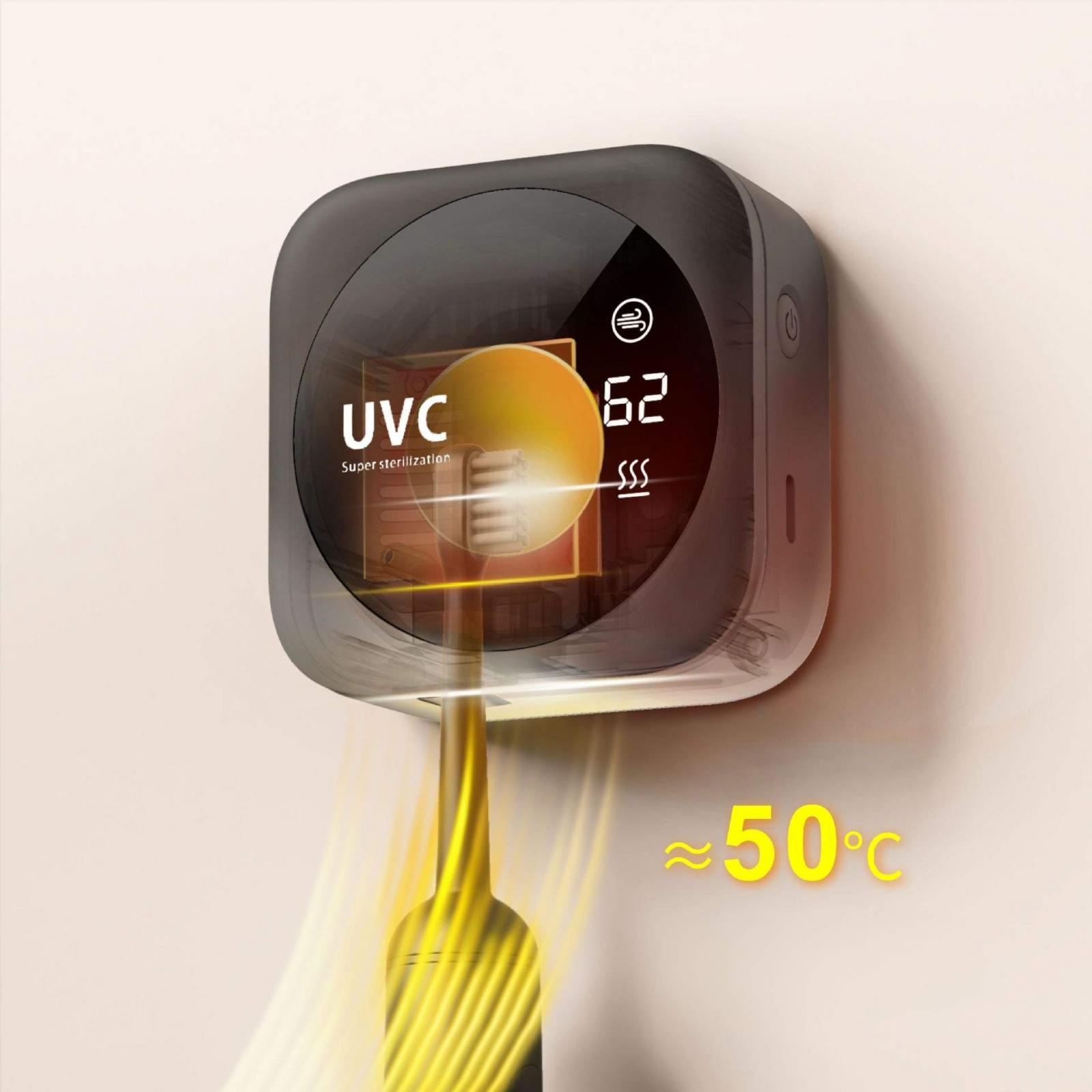 Weißes Gerät an der Wand mit UVC-Etikett, zeigt Temperaturanzeige und eine Bürste.