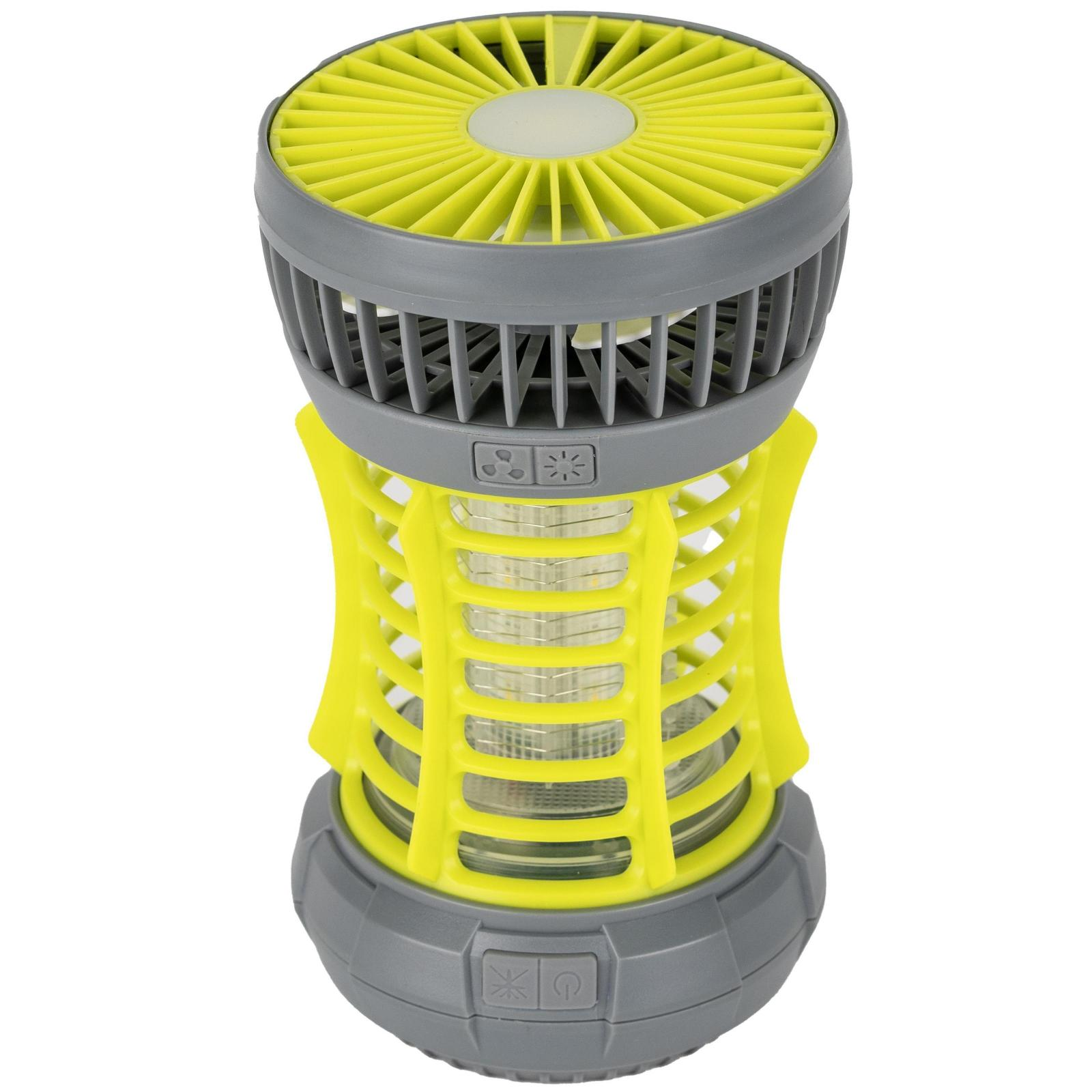Die gelbe und graue Mückenvernichtungslampe hat ein zylindrisches Design mit einem Ventilator oben und einem Licht in der Mitte.