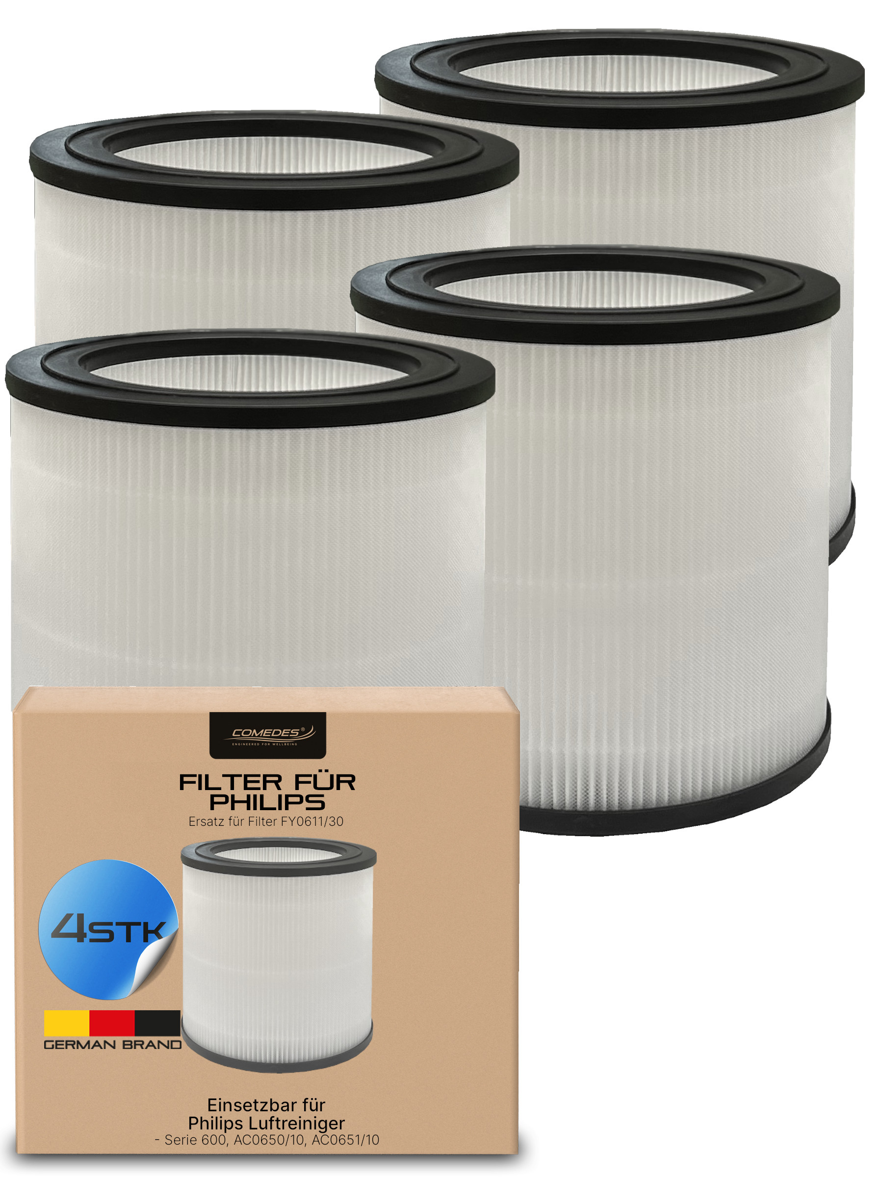 Vier weiße Luftfilter mit schwarzem Rand und einer Box mit der Aufschrift 'Filter für Philips' auf weißem Grund.