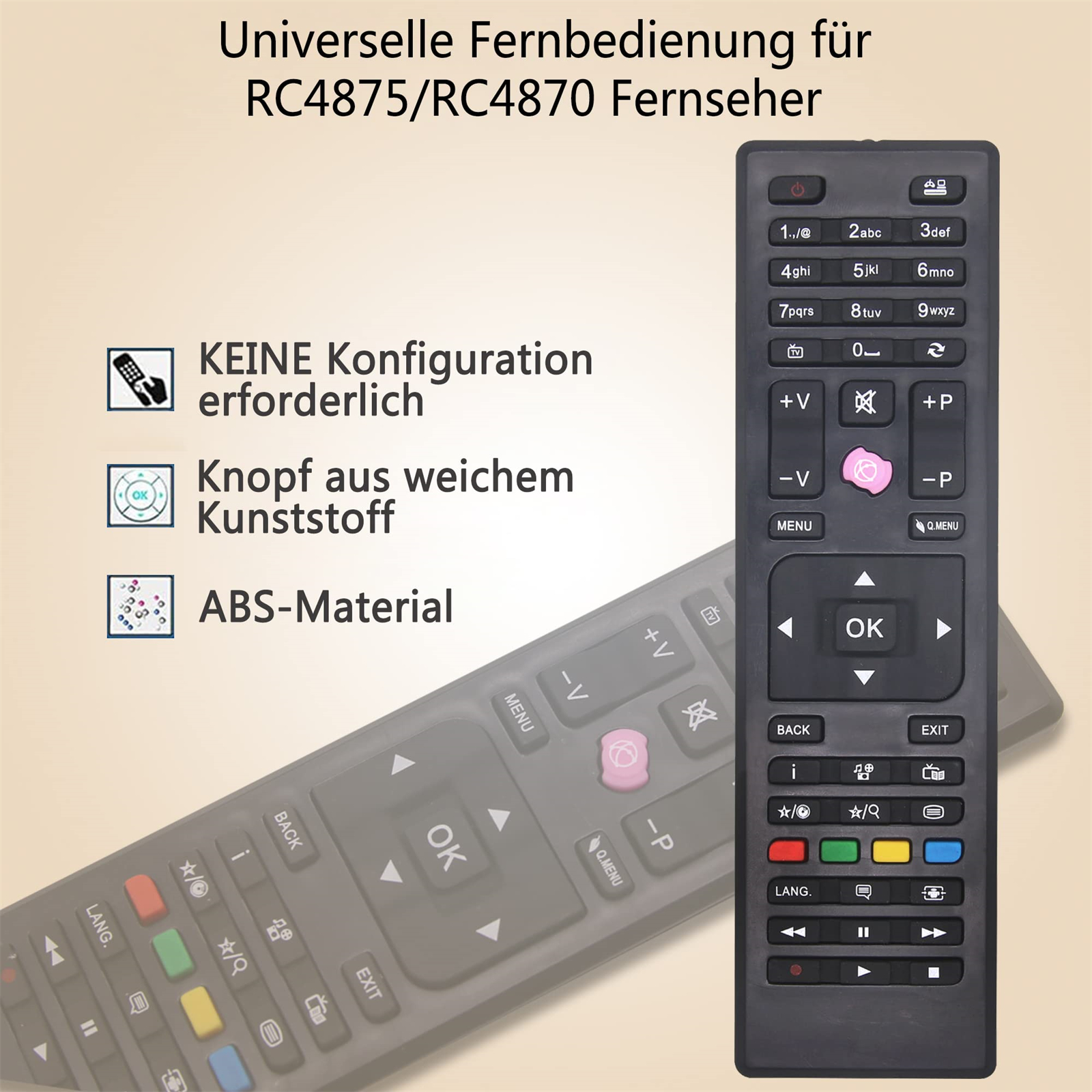 Eine Universalfernbedienung für Fernseher mit Tasten, Text und Symbolen. Eine rosa Taste ist auf der Fernbedienung.