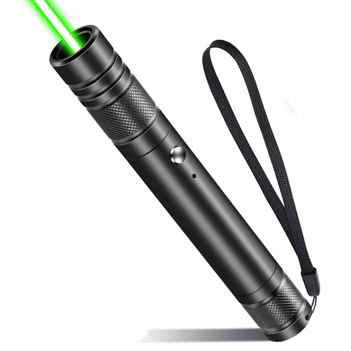 Ein schwarzer Laserpointer mit einem grünen Strahl, der von oben emittiert.