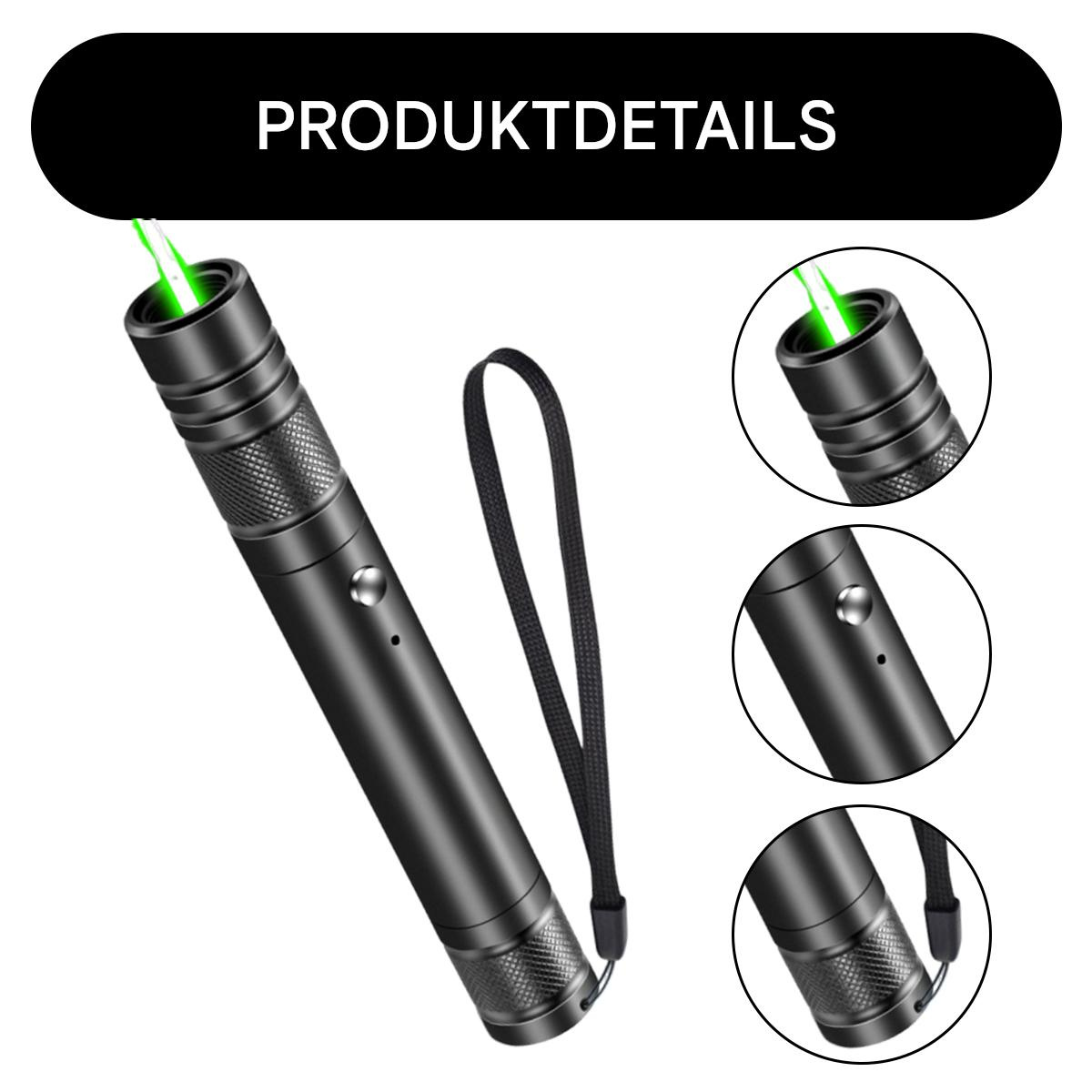 Nahaufnahme eines schwarzen Laserpointers mit Gurt und drei Detailansichten der Merkmale des Pointers.