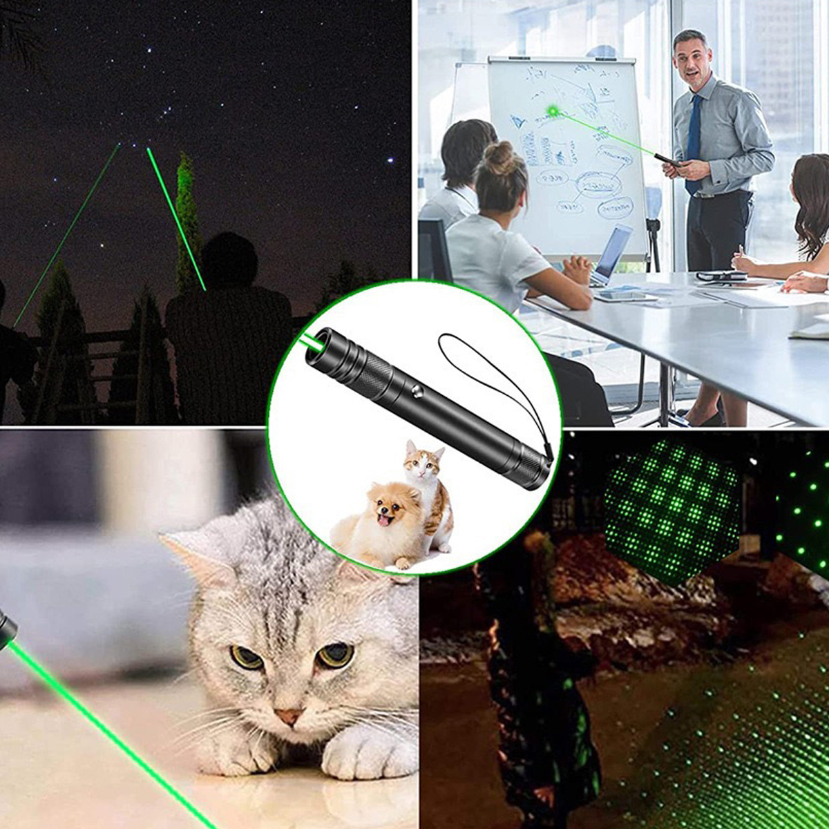 Eine Collage von Bildern mit einem grünen Laserpointer, Menschen und Tieren. Laserpointer in Aktion.