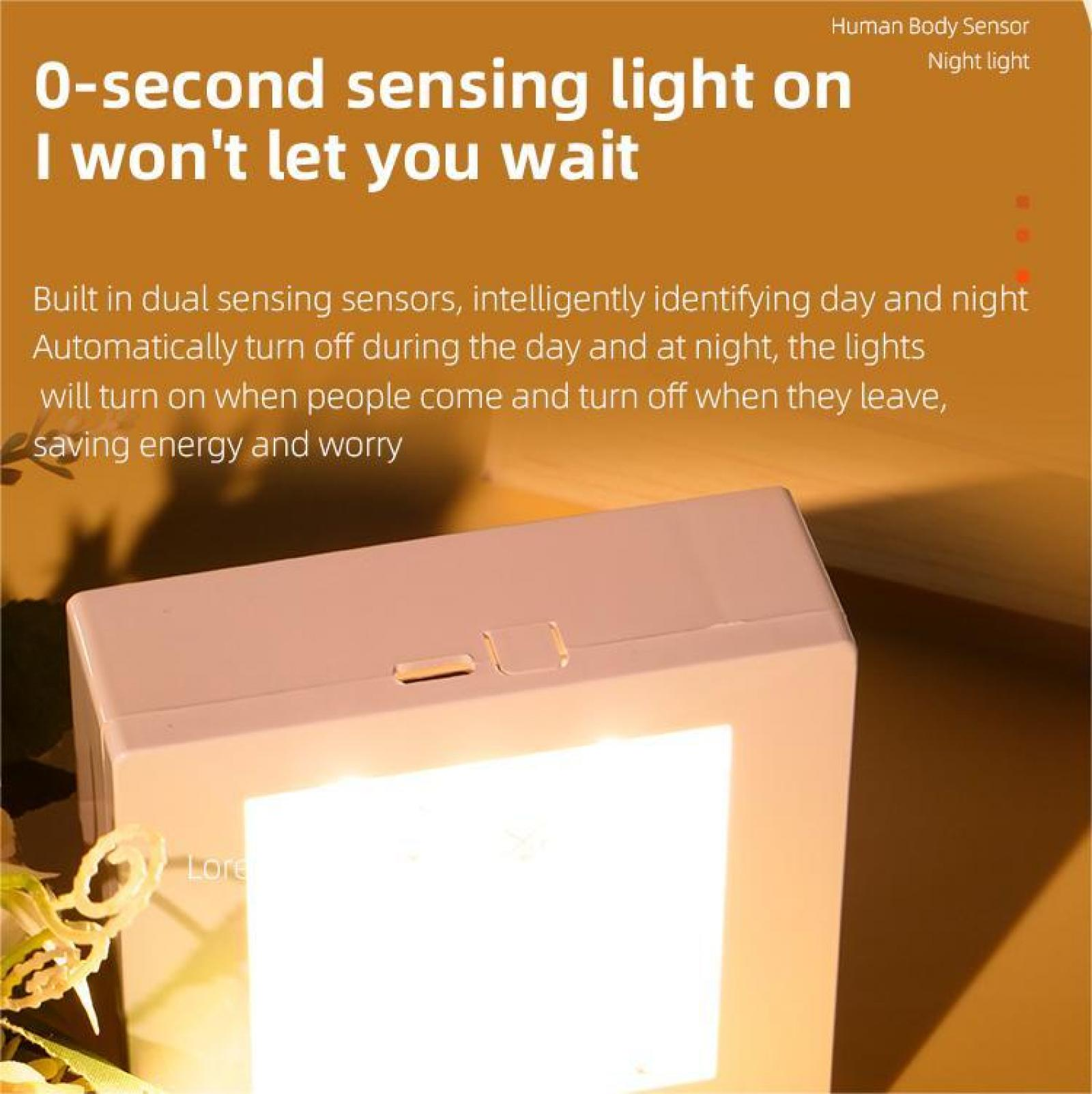 Ein weißes Nachtlicht mit Text. Es bewirbt sich als 0-Sekunden-Sensorlicht.