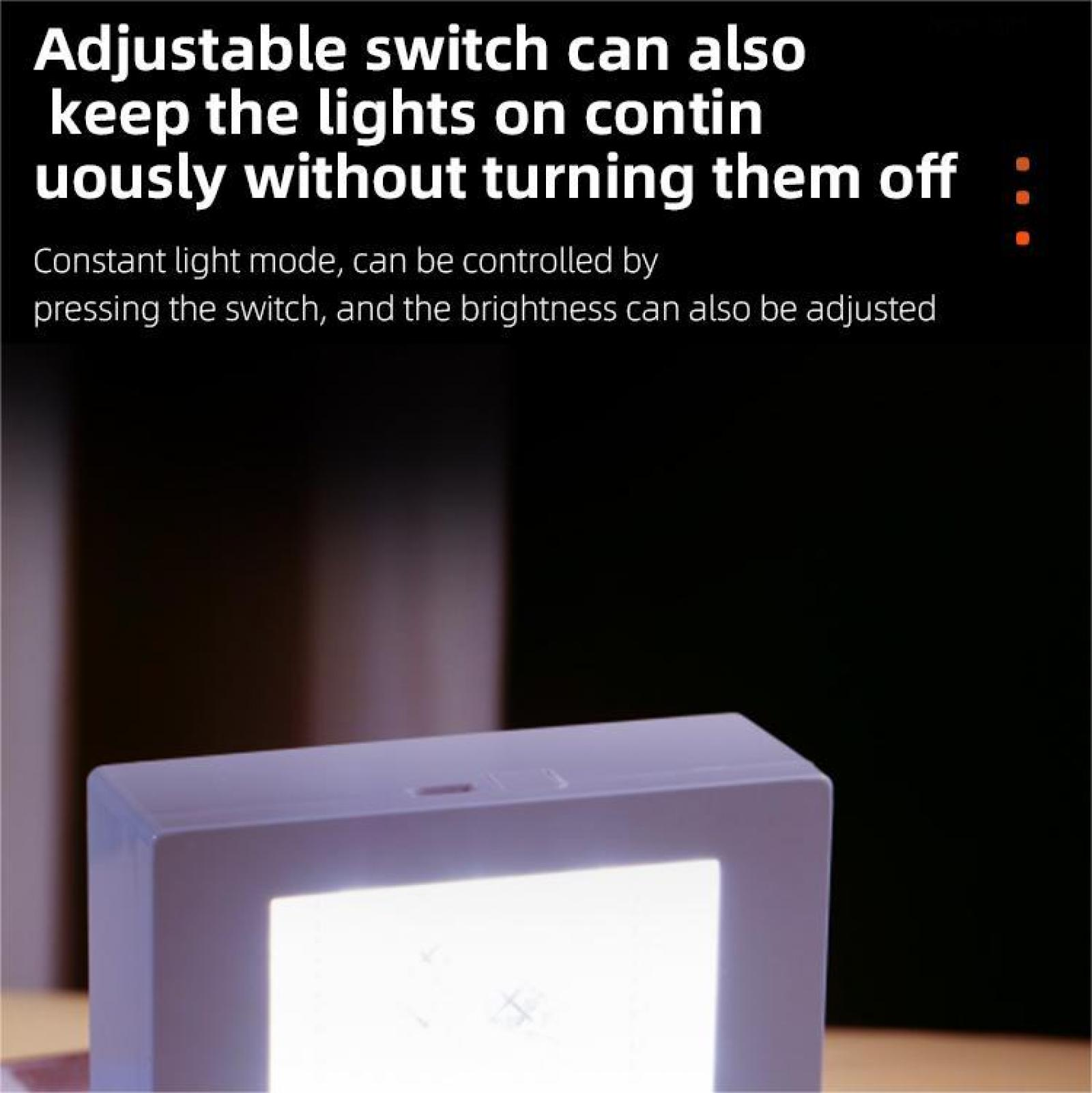 Nahaufnahme einer weißen LED-Leuchte. Der Text besagt, dass der einstellbare Schalter die Lichter ohne Ausschalten dauerhaft eingeschaltet lassen kann.