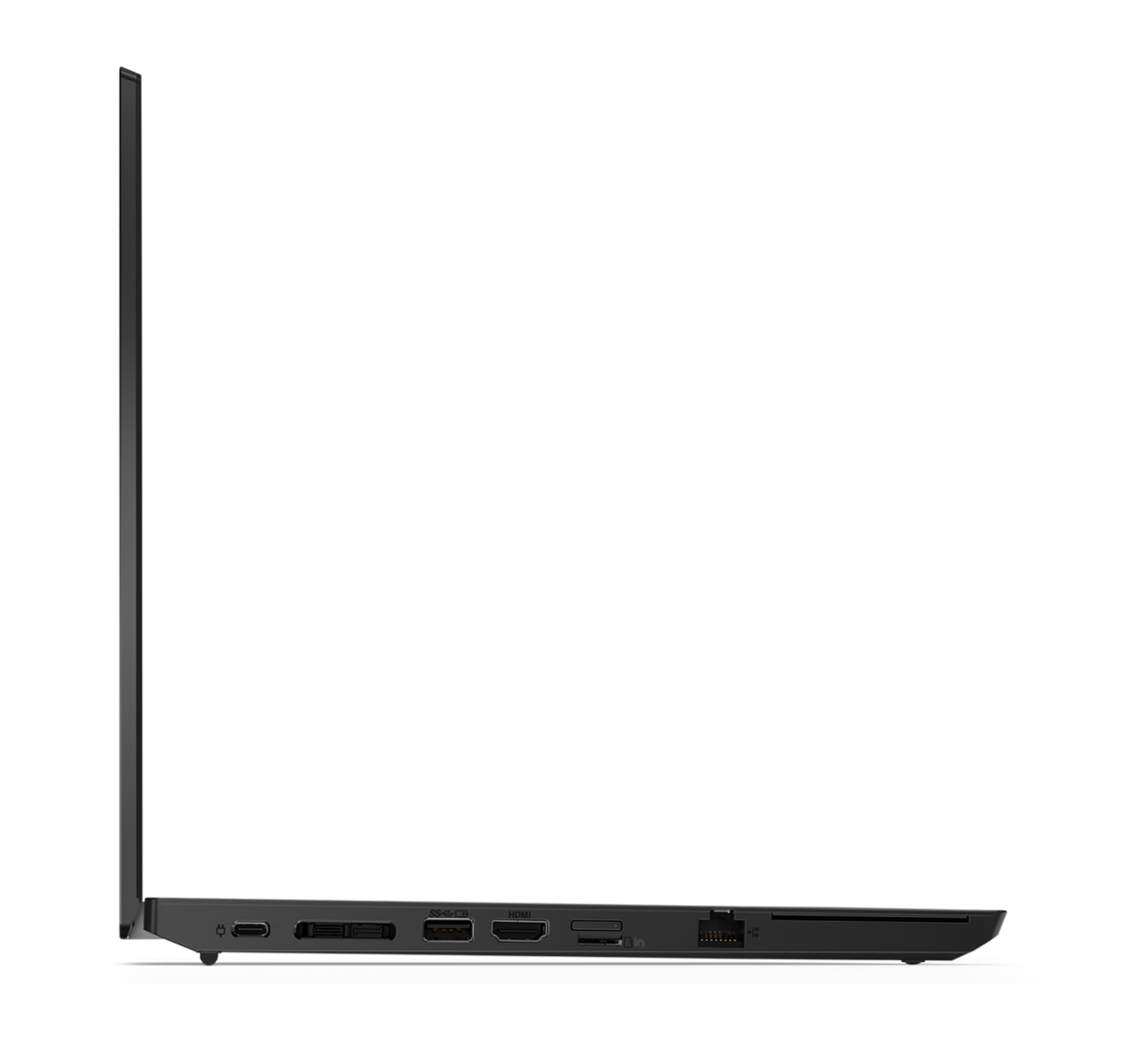 Seitenansicht eines schwarzen Laptops. Mehrere Anschlüsse sind sichtbar. Der Bildschirm ist geschlossen. Der Laptop steht vor einem schwarzen Hintergrund.