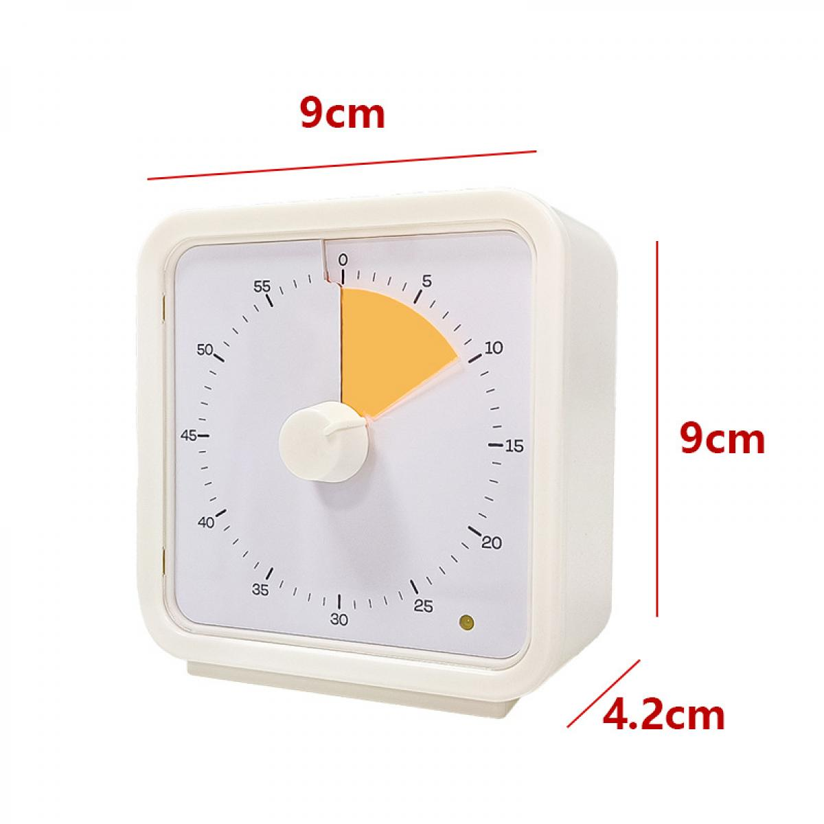 Weißer Timer mit gelbem Abschnitt, der die Zeit anzeigt, mit Maßangaben.
