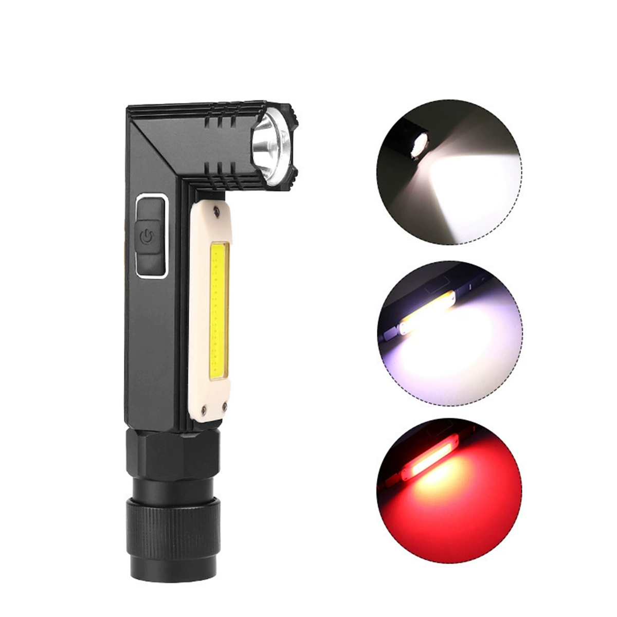 Eine abgewinkelte Taschenlampe mit drei Lichtoptionen. Sie ist schwarz und hat eine weiße LED und ein COB-Licht.