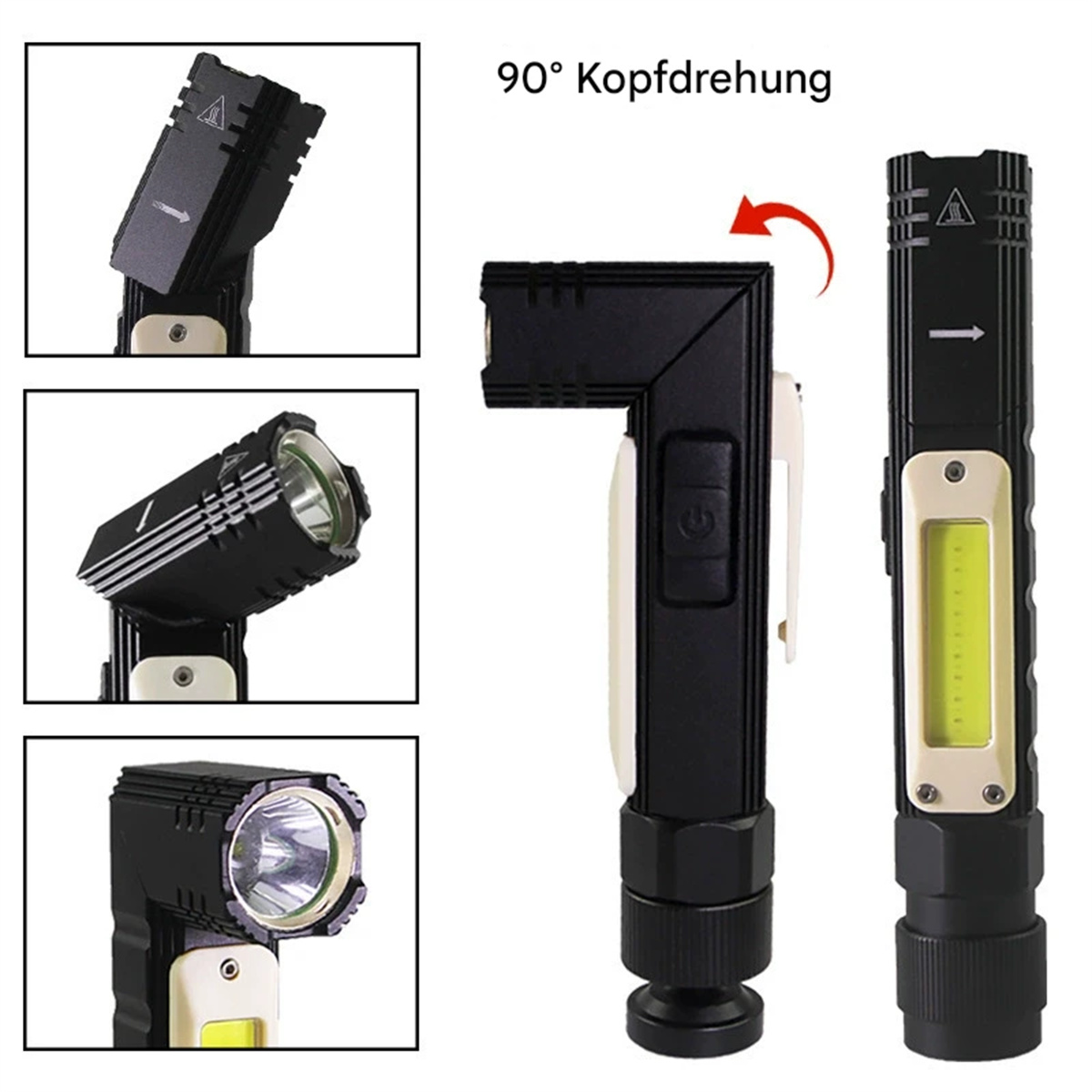 Schwarze und weiße Taschenlampe mit drehbarem Kopf, mehrere Ansichten. Zeigt verschiedene Winkel und Lichteinstellungen.
