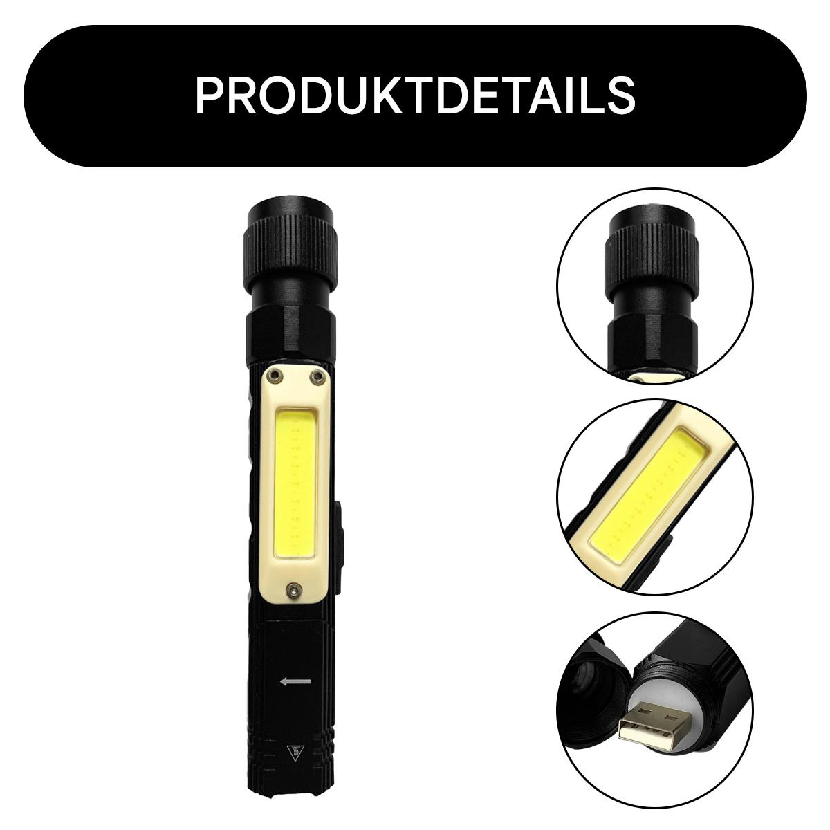 Eine schwarze Taschenlampe mit Produktdetails. Die Taschenlampe ist schwarz mit einer weißen LED und einem COB-Licht.