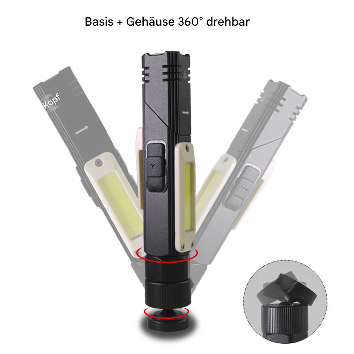 Schwarze Taschenlampe mit drehbarem Sockel, in mehreren Positionen gezeigt. Text zeigt 360-Grad-Drehung an.