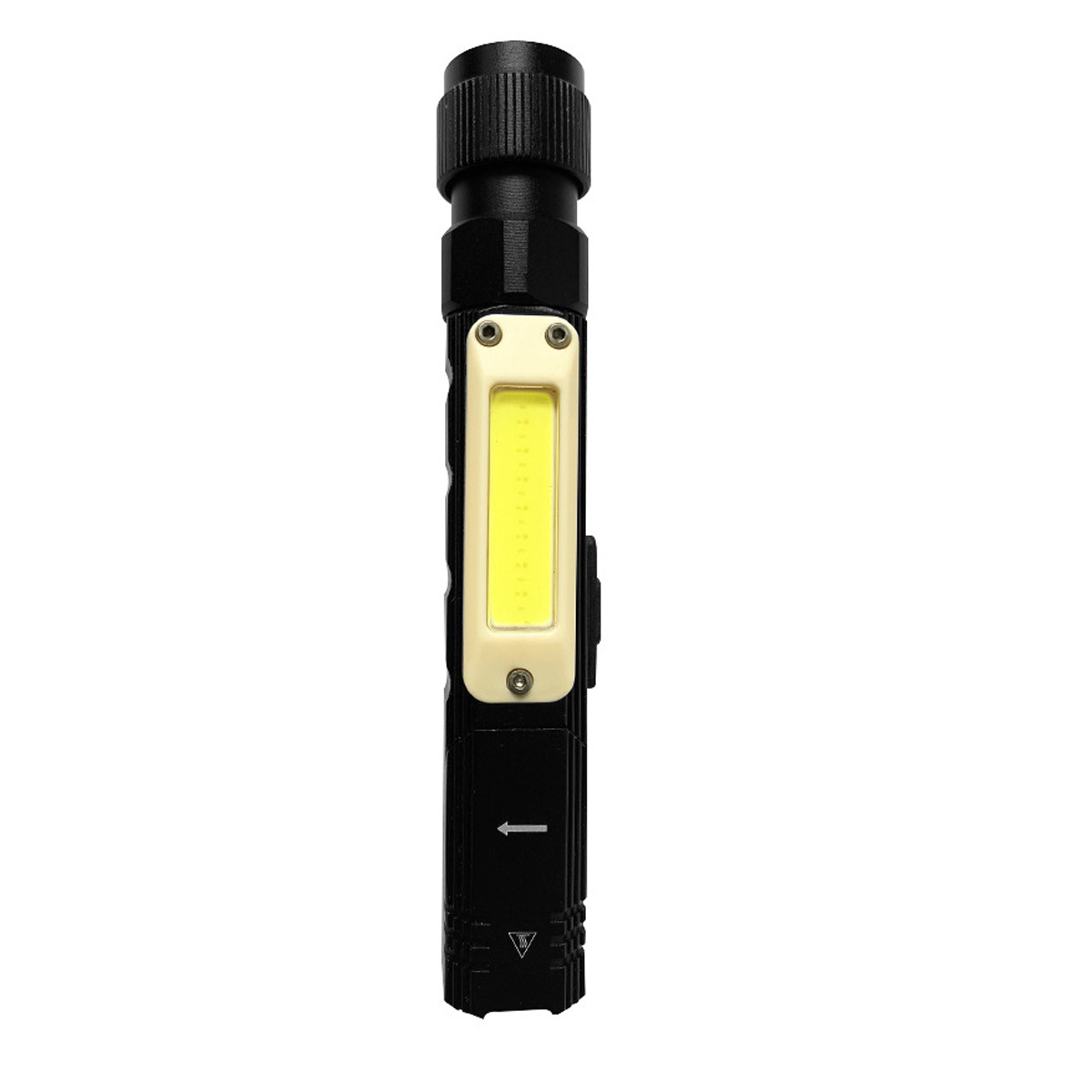 Eine schwarze Taschenlampe mit einem weißen COB-Licht an der Seite. Es hat eine gerade, zylindrische Form.