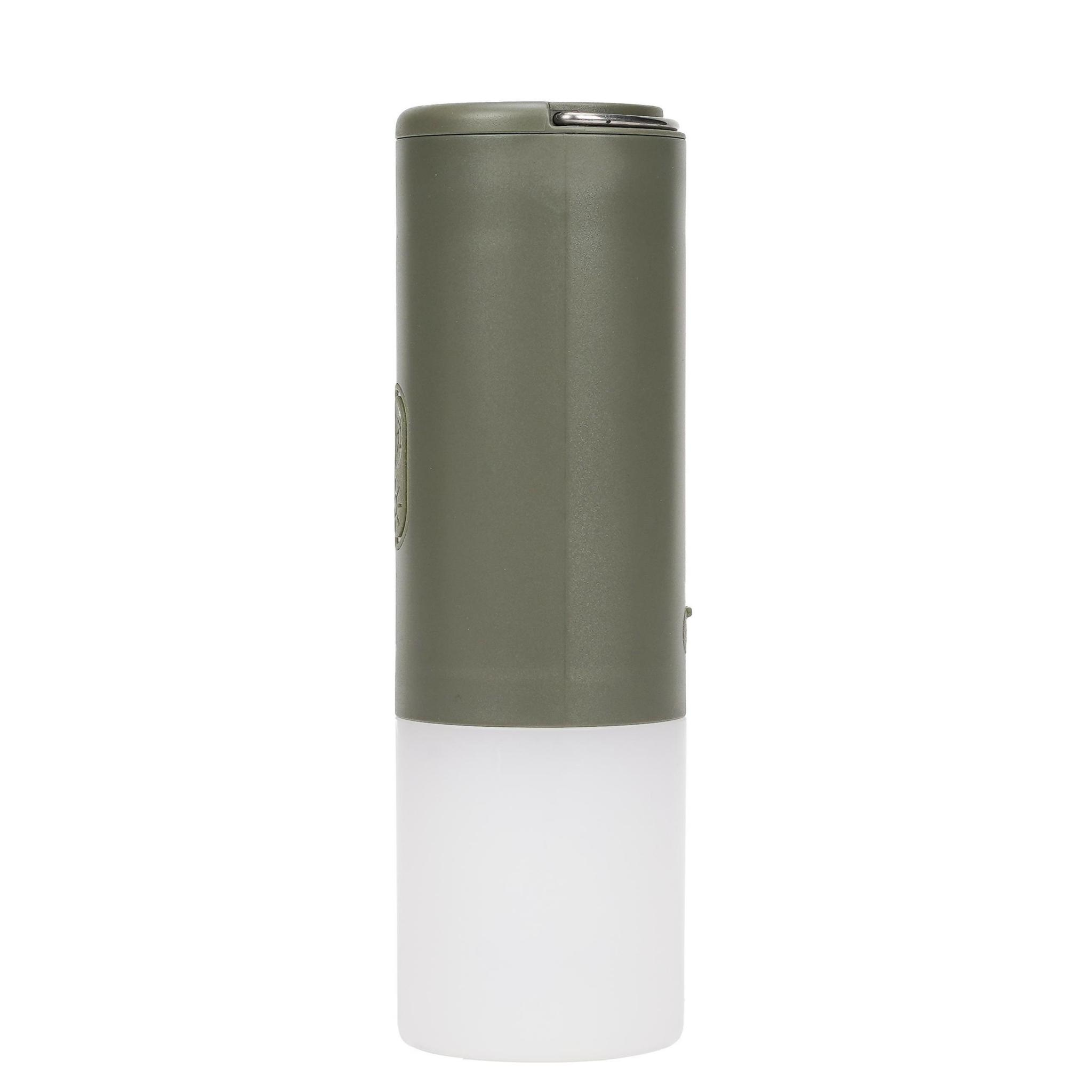 Eine grüne und weiße tragbare Lampe. Der obere Teil ist dunkelgrün, der untere Teil weiß.