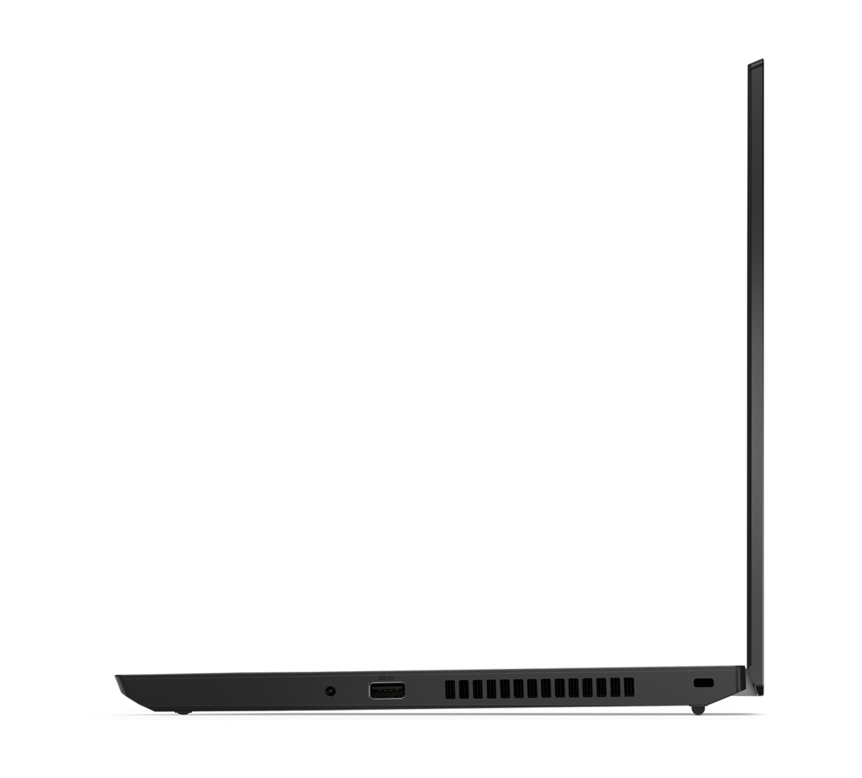 Laptop-Seitenansicht vor schwarzem Hintergrund. Anschlüsse und Lüftungsschlitze sind sichtbar.