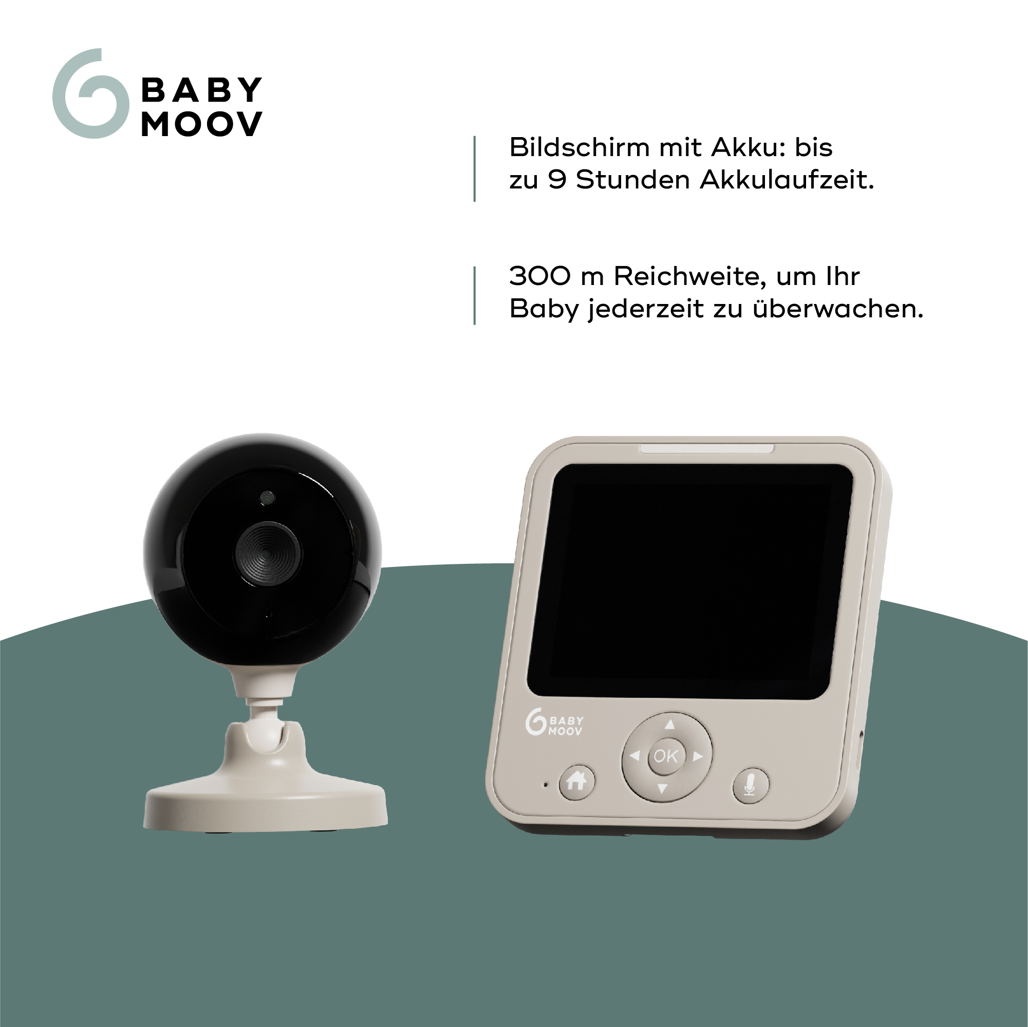 Ein Babyphone-Set mit Kamera und Bildschirm wird auf einer weißen Oberfläche gezeigt.