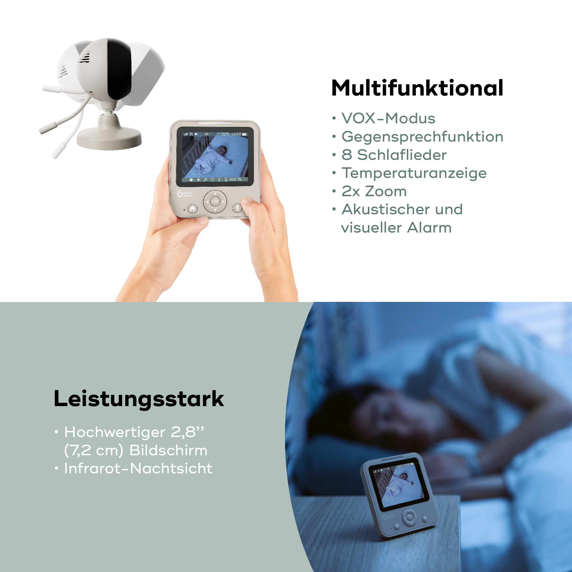 Babyphone mit Kamera und Handheld-Display. Texte: multifunktional, leistungsstark, 2,8" Bildschirm, Nachtsicht.