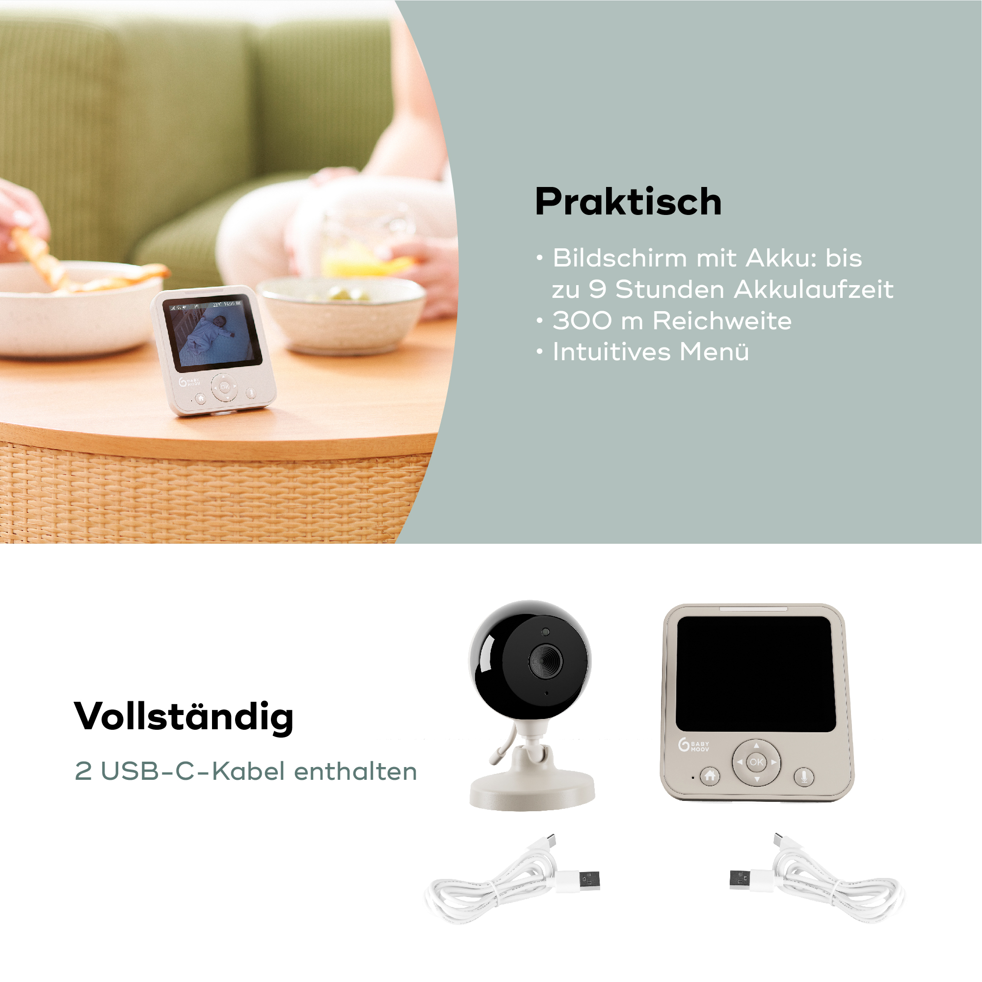 Bild zeigt Babyfon, Kamera und Text über Funktionen und Zubehör, wie USB-Kabel.