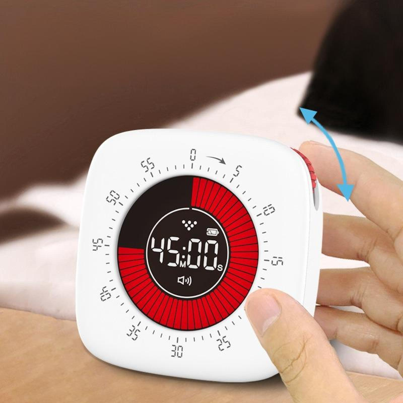 Weißer Timer mit rotem Abschnitt, der 45:00 anzeigt. Eine Hand stellt den Timer ein.