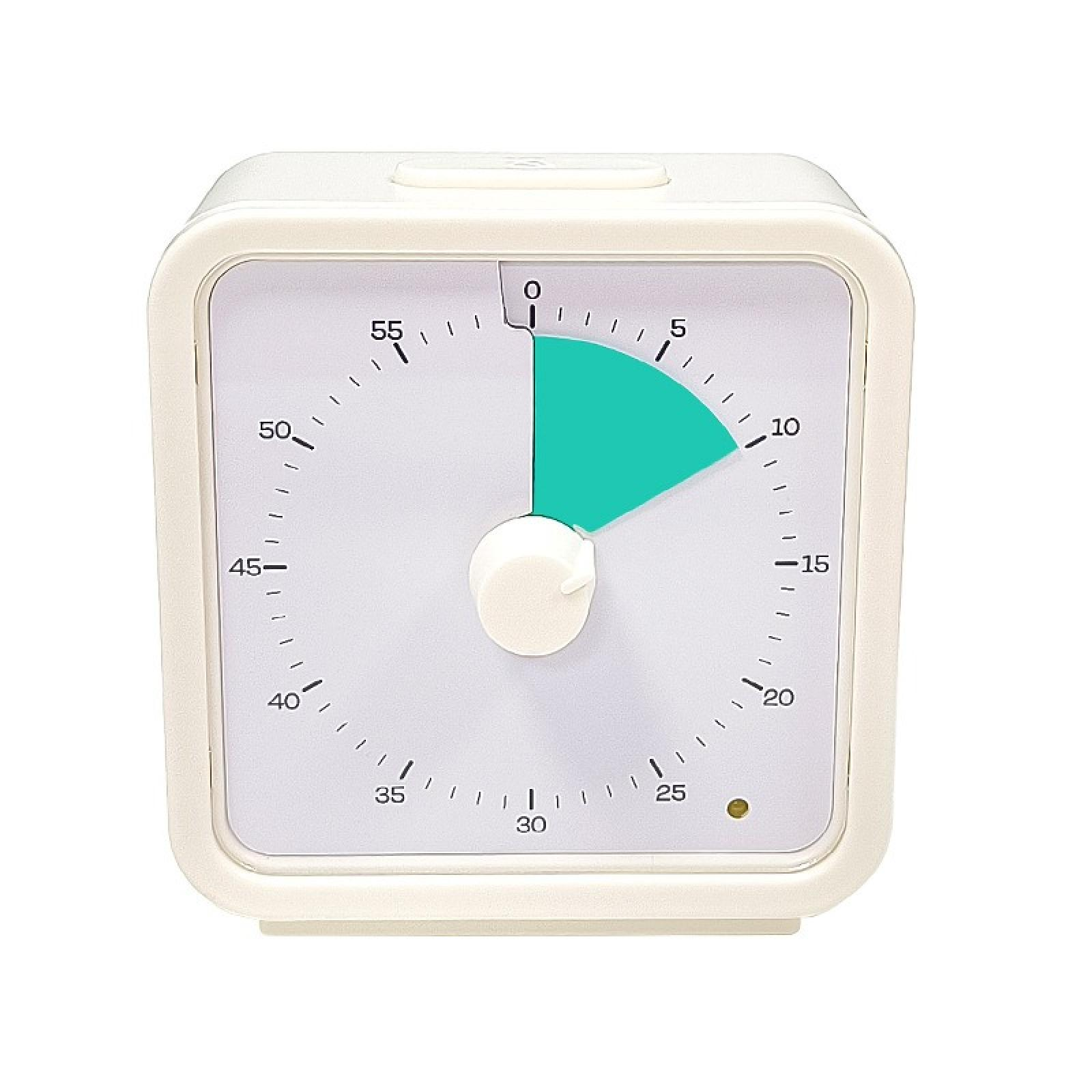 Weißer quadratischer Timer mit grünem Abschnitt, der die Zeit anzeigt. Weißer Knopf in der Mitte.