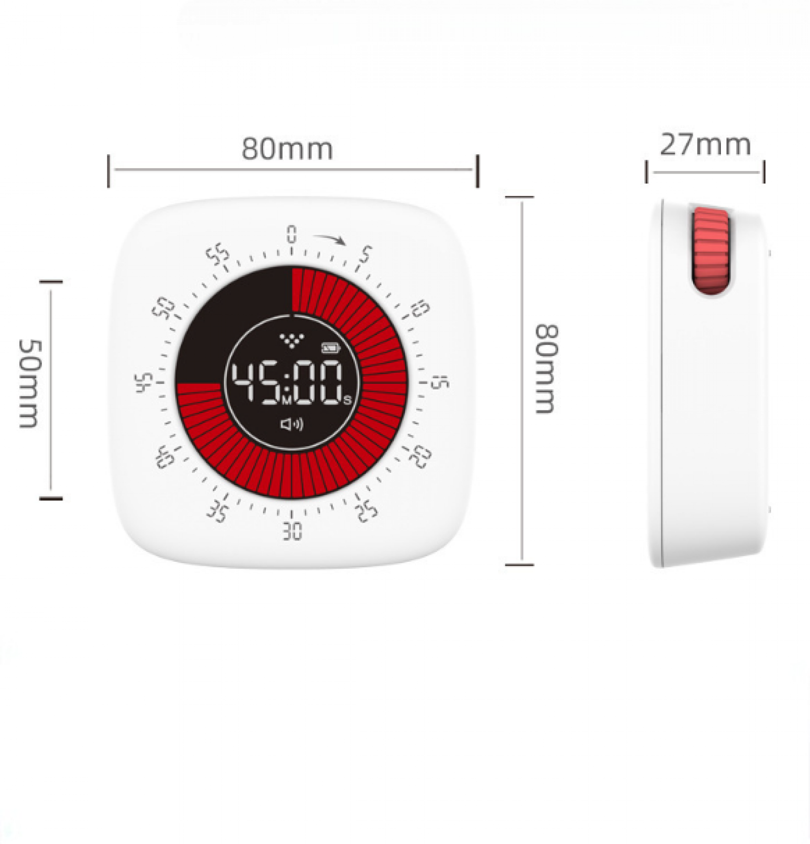 Diagramm mit den Abmessungen eines weißen Timers. Der Timer ist 80 mm x 80 mm und 27 mm dick.