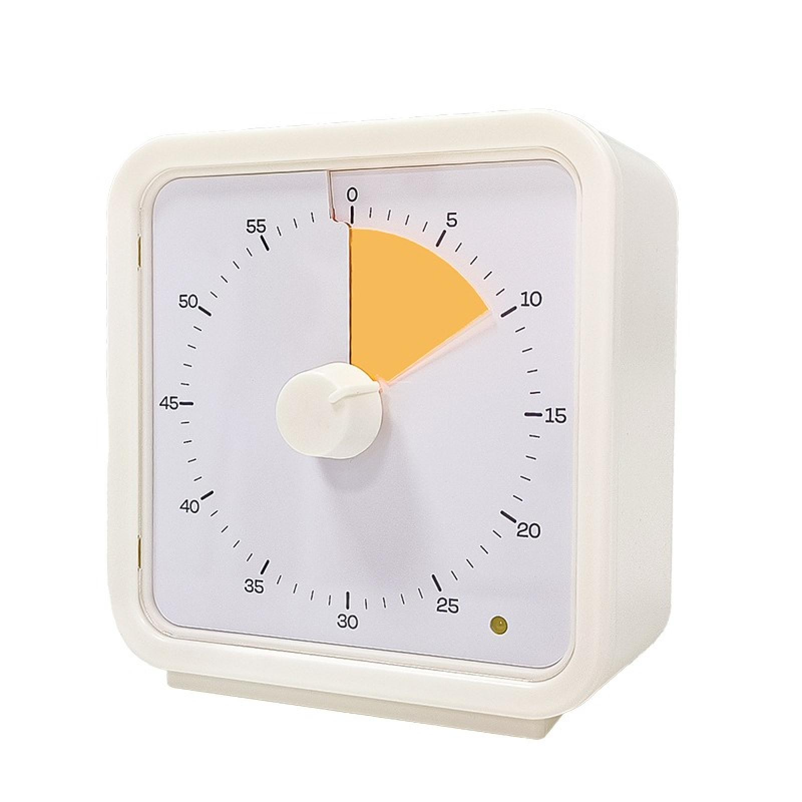 Weißer quadratischer Timer mit orangefarbenem Abschnitt, der die Zeit anzeigt. Weiße Knauf in der Mitte.
