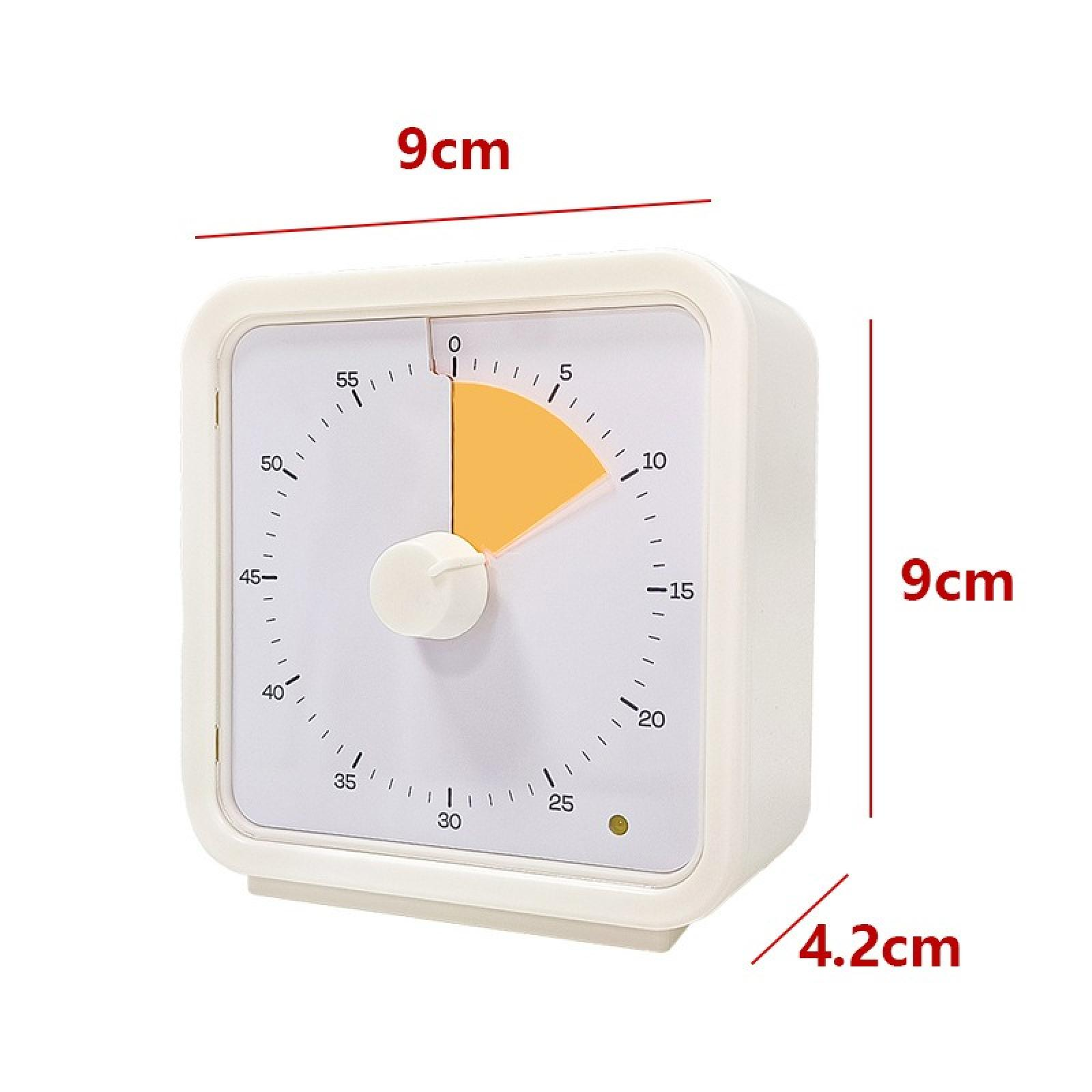 Weißer quadratischer Timer mit gelbem Segment, Maße: 9 cm x 9 cm x 4,2 cm, weißer Knopf, schwarze Zahlen.