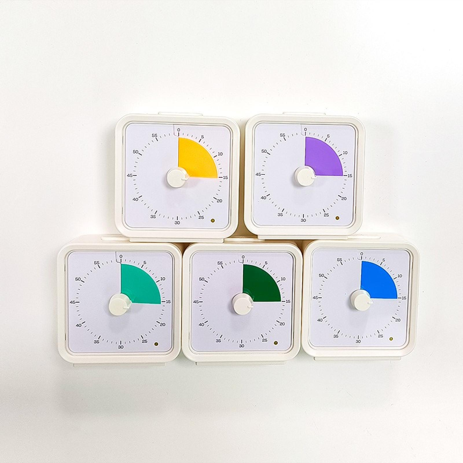 Fünf weiße quadratische Timer. Jeder hat ein farbiges Segment und einen Knopf. Farben: gelb, lila, grün, dunkelgrün, blau.