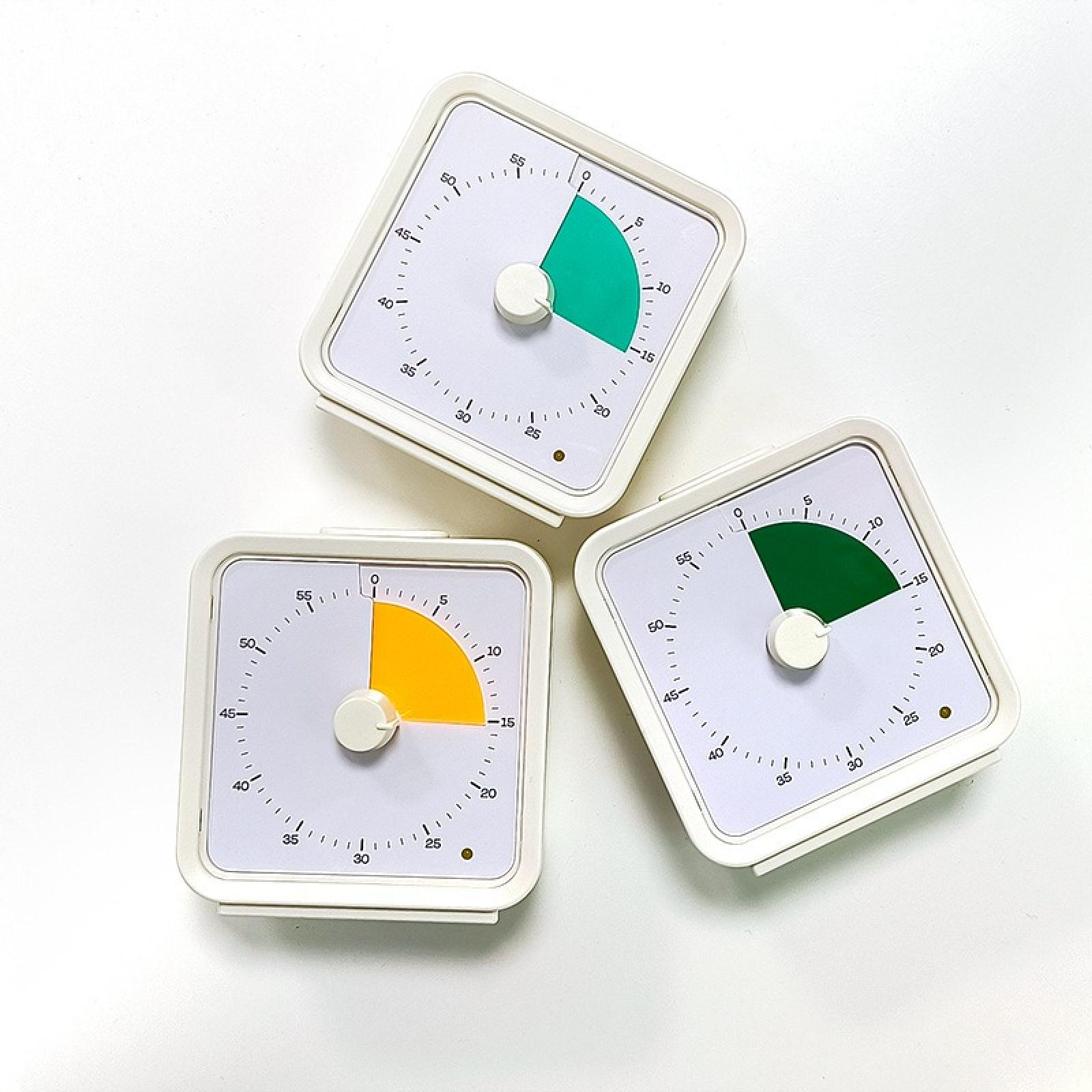 Drei weiße quadratische Timer mit farbigen Segmenten: gelb, grün und dunkelgrün. Weißer Hintergrund. Die Timer sind oben.