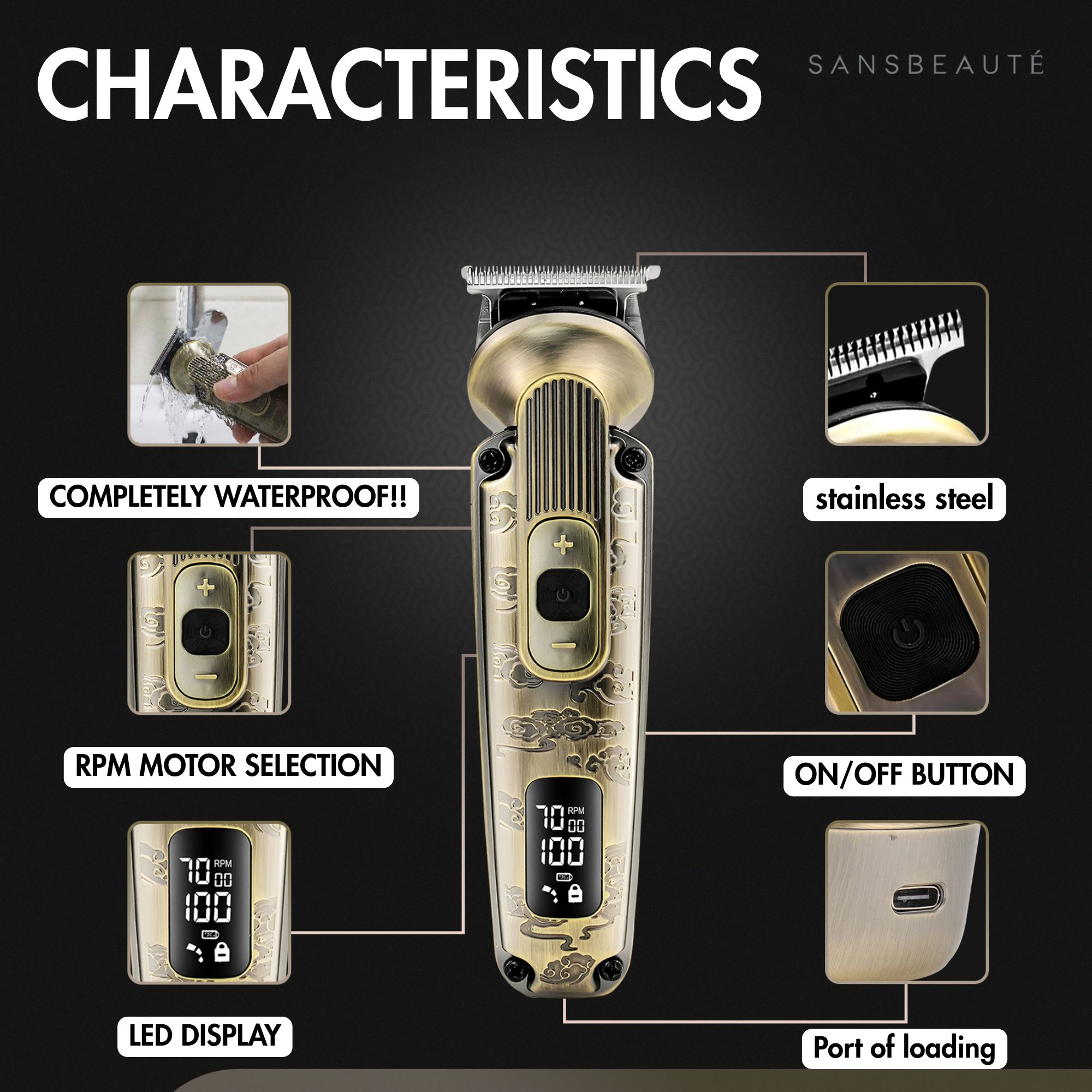 A gold-colored hair clipper with features like waterproof, LED display, and port of loading. The clipper has a floral design.