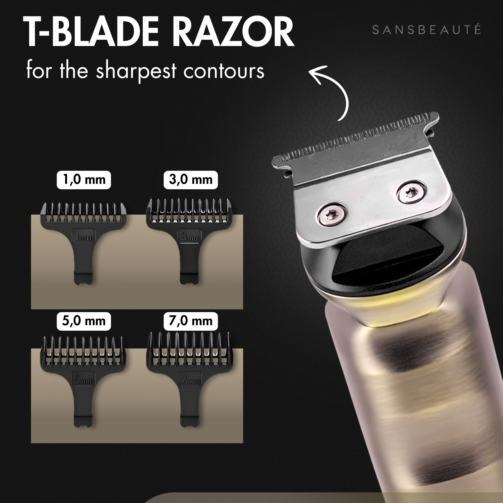 Close-up of a T-blade razor with 4 guide combs (1.0mm, 3.0mm, 5.0mm, 7.0mm) on beige background, sansbeaute logo.