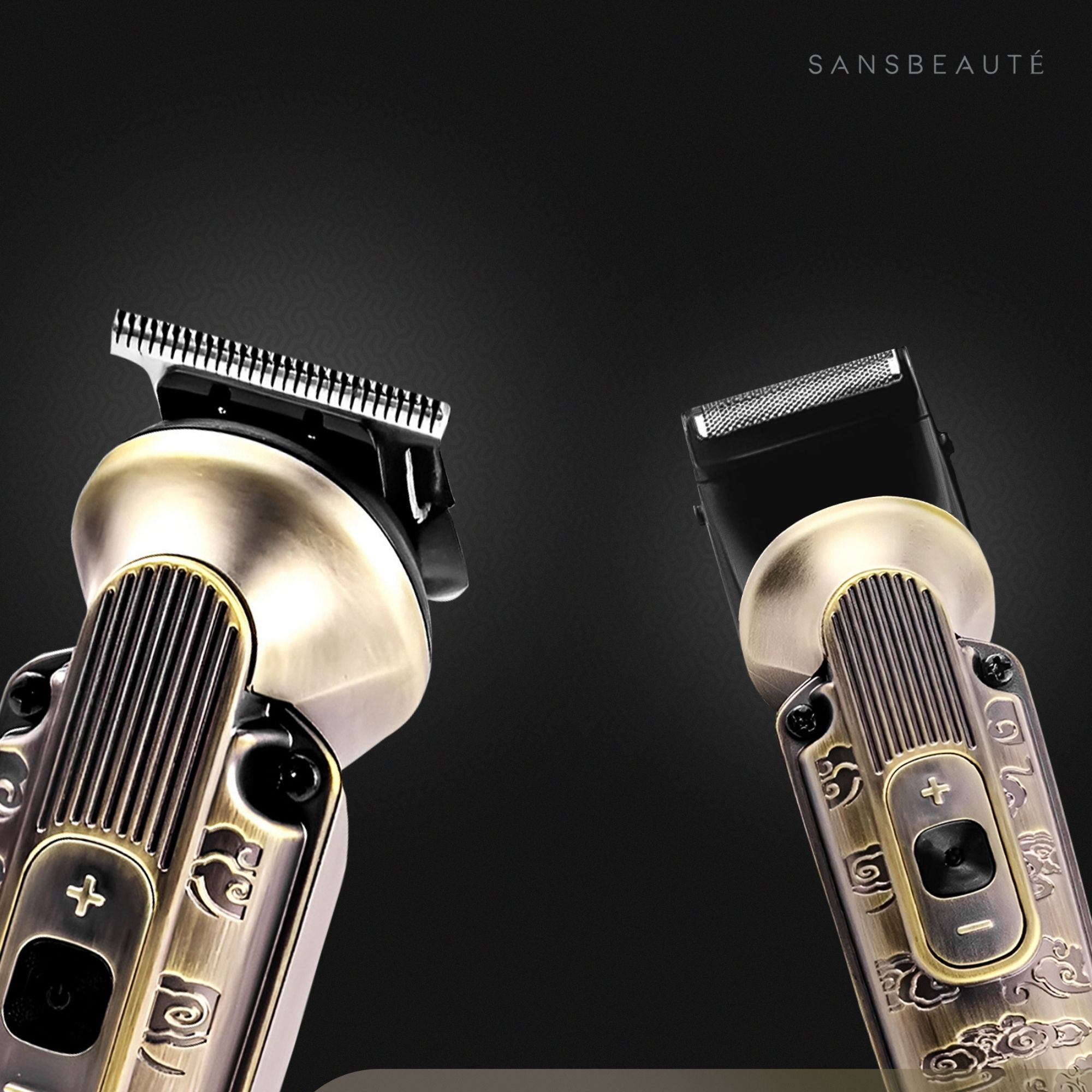 Two gold hair trimmers facing opposite directions on a dark background. The sansbeaute logo is at the top.