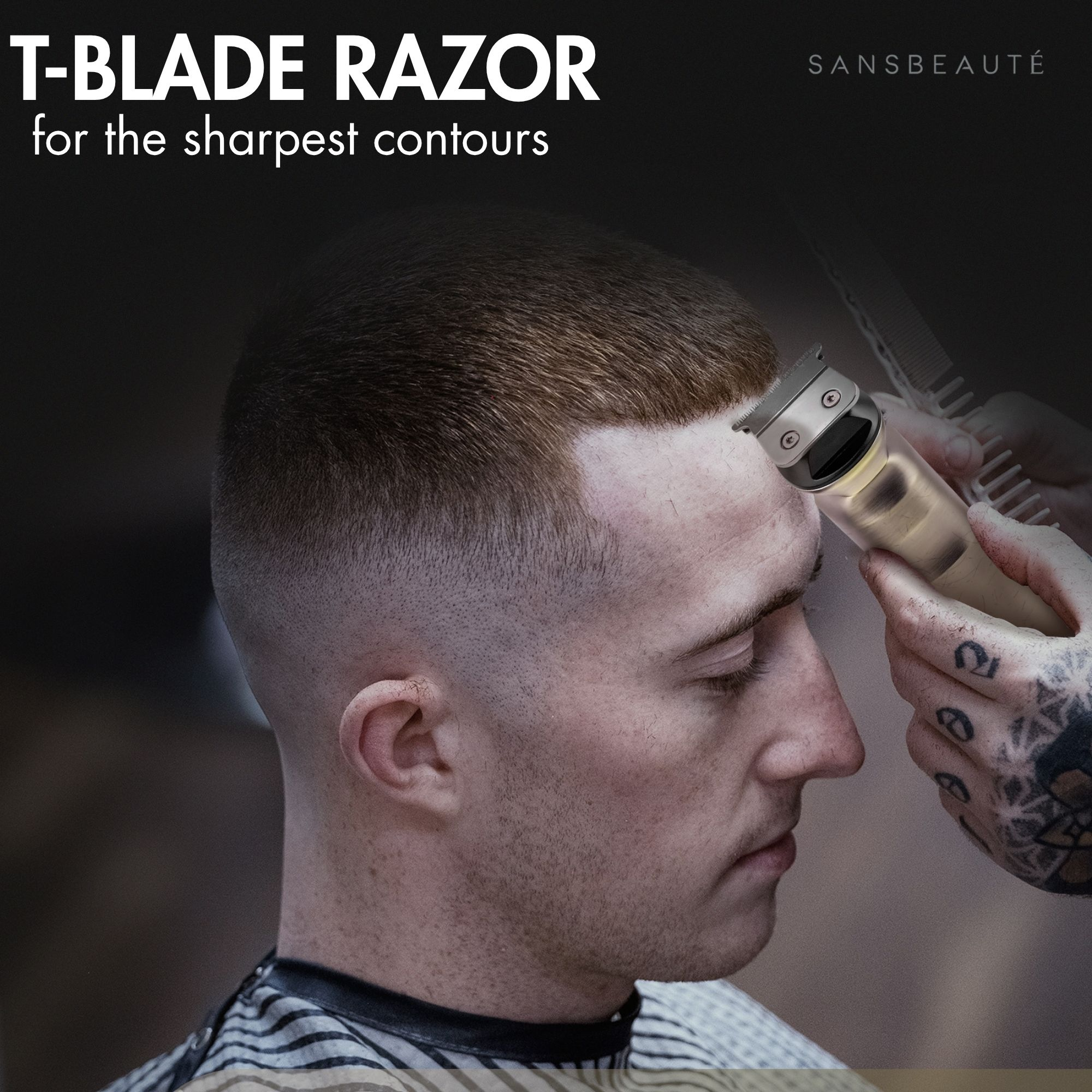 A person's hair being cut with a T-blade razor. The person's face is visible. The sansbeaute logo is at the top.