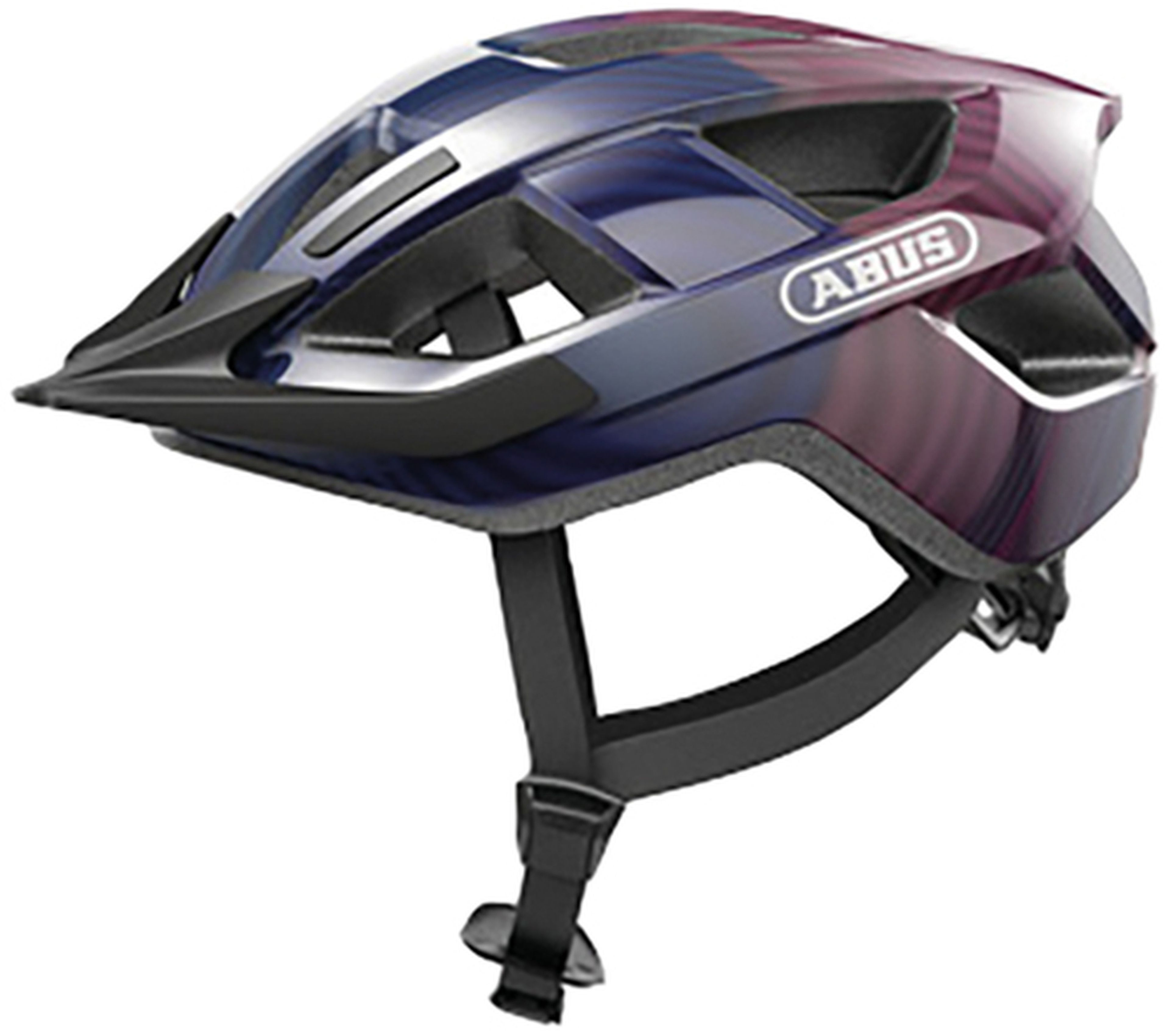 Blau-roter und violetter Helm mit schwarzem Visier. ABUS-Logo an der Seite. Schwarze Riemen und ein schwarzer Hintergrund.