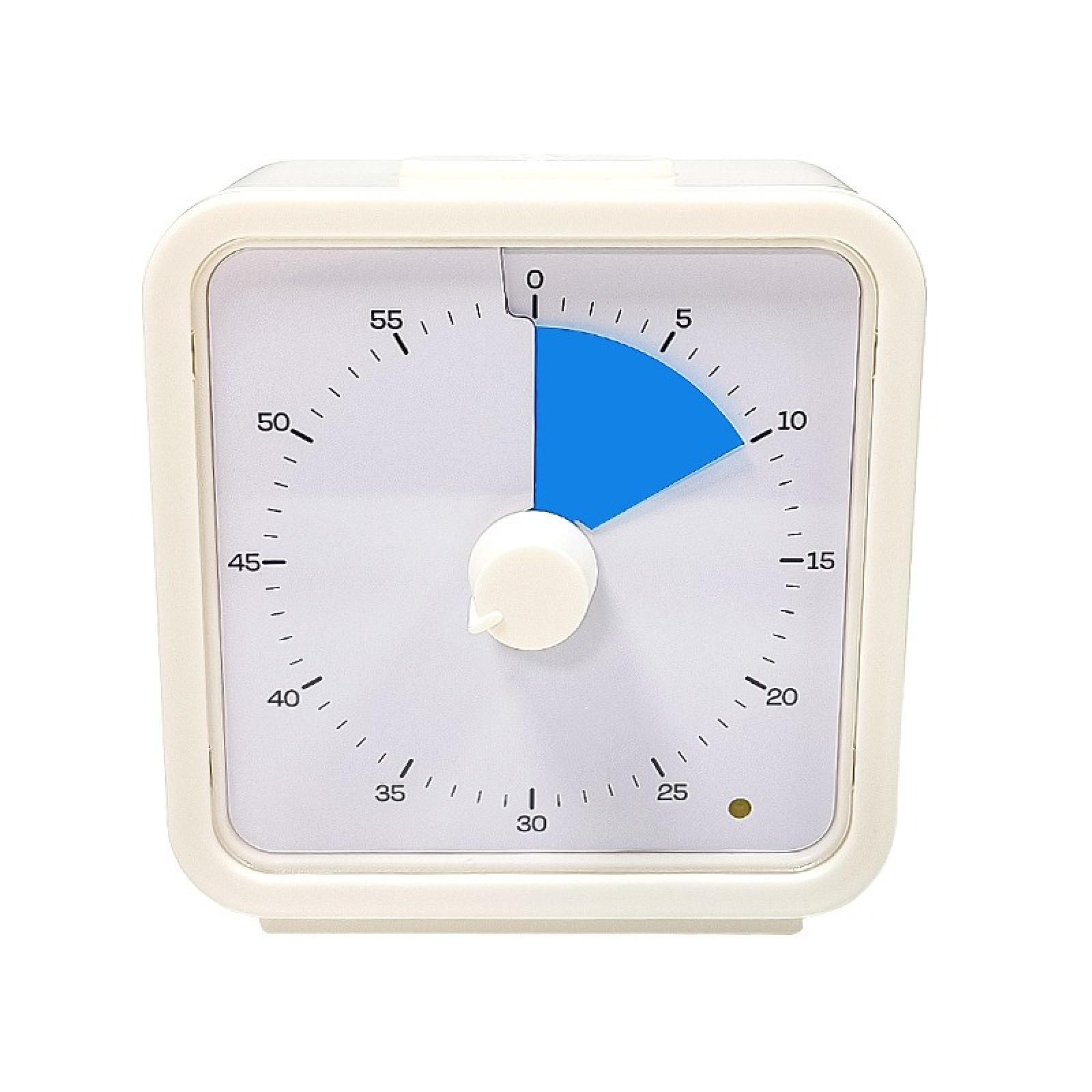 Weißer quadratischer Timer mit blauem Segment. Weißer Knopf und schwarze Zahlen. Weißer Hintergrund. Der Timer ist oben.