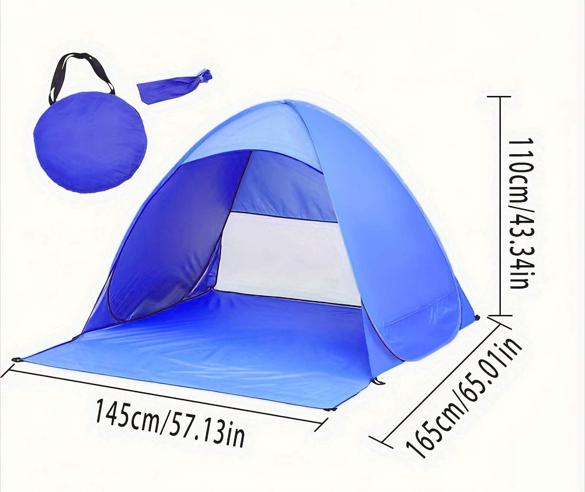 Ein blaues Pop-up-Strandzelt mit den Maßen: 145cm/57.13in x 165cm/65.01in x 110cm/43.34in. Das Zelt hat eine runde Tragetasche.