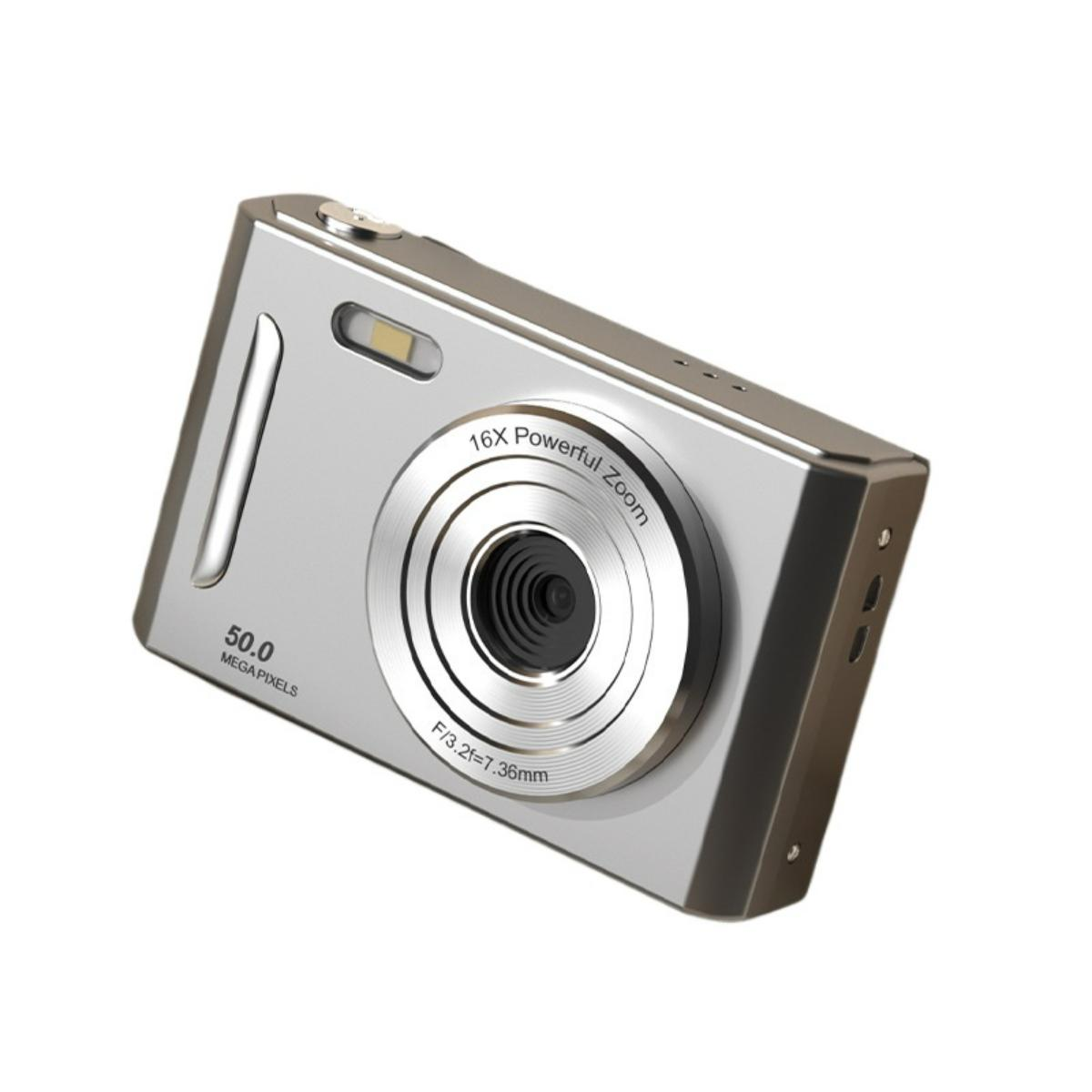 Eine silberne Digitalkamera mit schwarzem Objektiv. Sie hat den Text '50.0 MEGA PIXELS' und '16X Powerful Zoom'.
