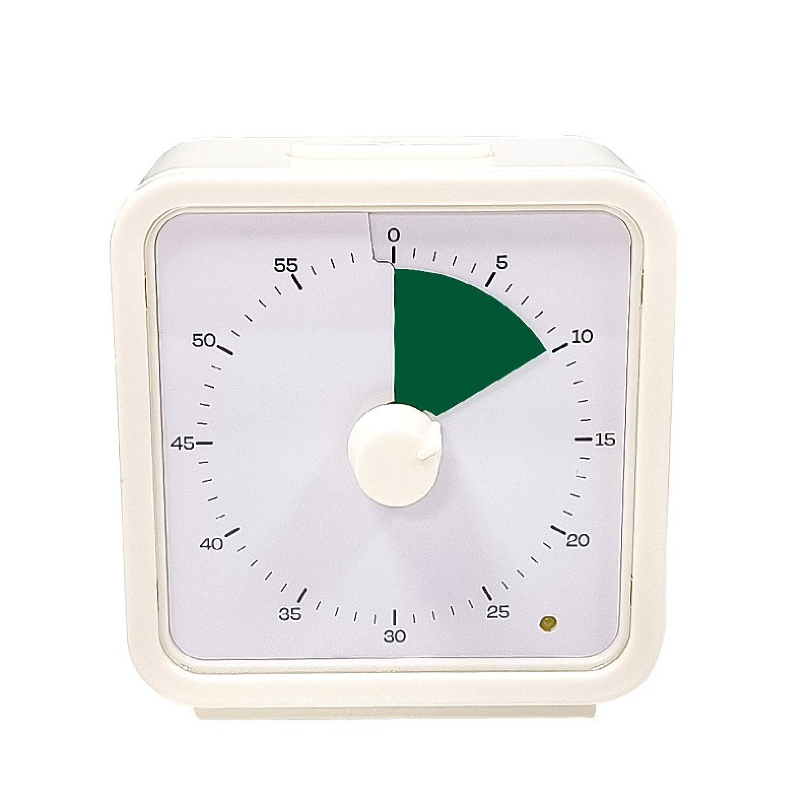 Ein weißer quadratischer Timer mit einem Zifferblatt, der 20 Minuten anzeigt. Der grün hervorgehobene Bereich zeigt die vergangene Zeit.