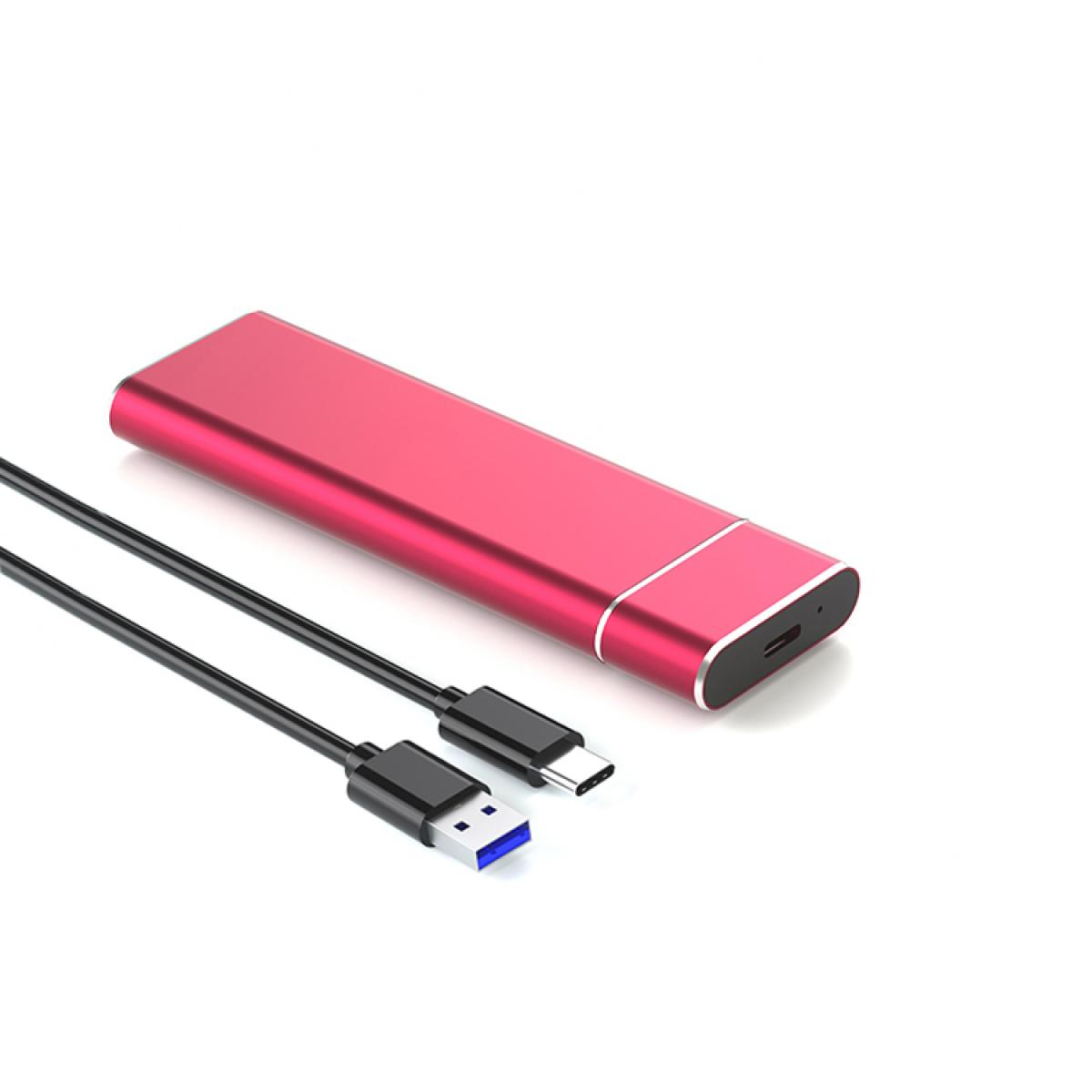 Eine pinkfarbene externe Festplatte mit einem USB-C-zu-USB-Kabel auf weißem Grund.
