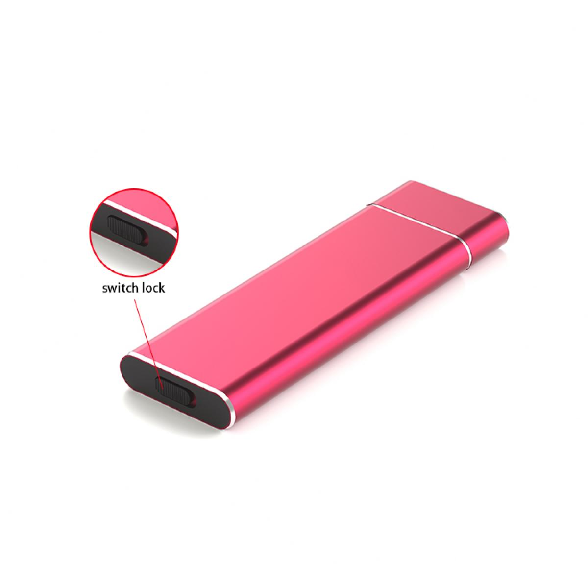 Ein rosa Metallgehäuse mit einem schwarzen Schalter auf der Seite. Es ist ein schlankes, rechteckiges Design.