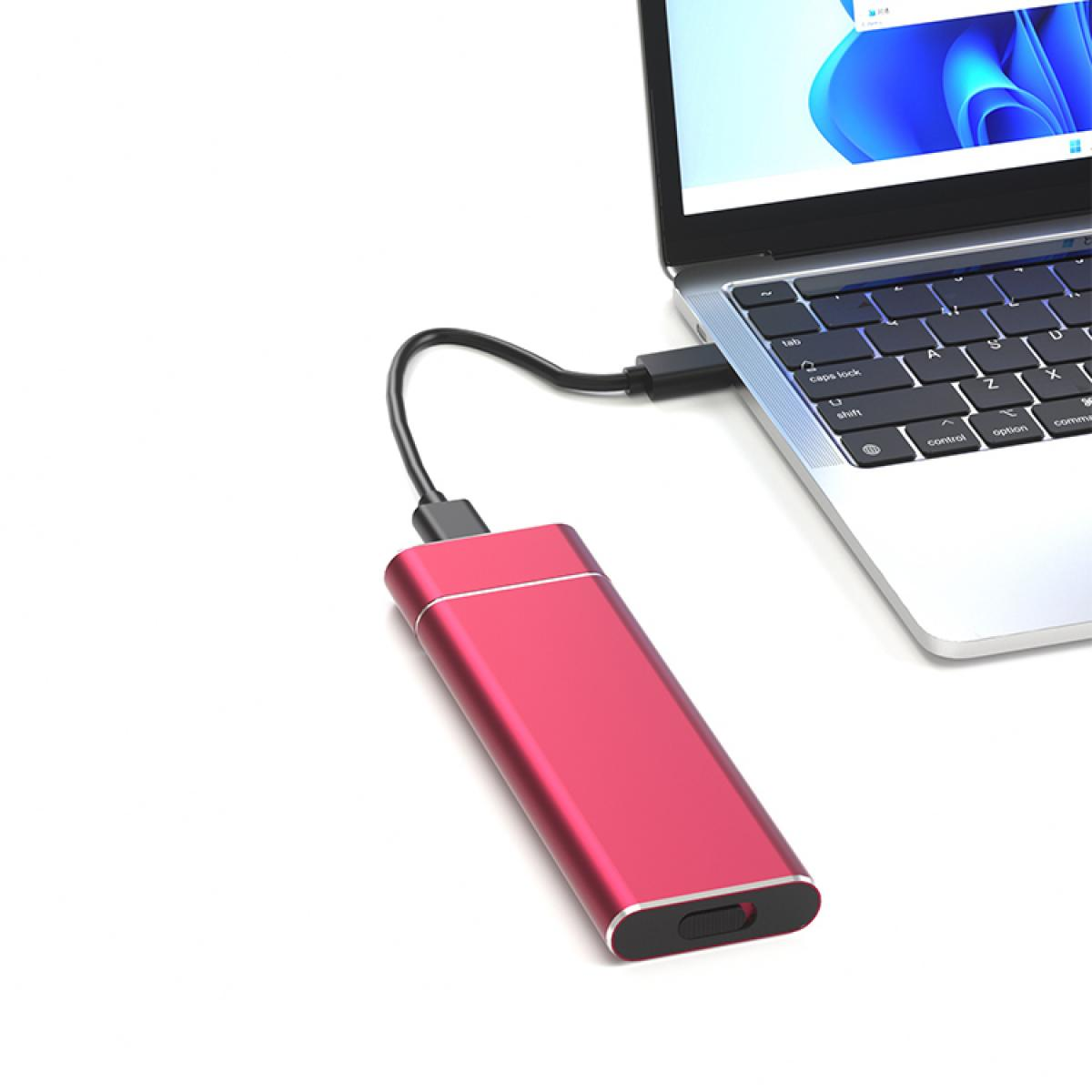 Eine rote externe Festplatte ist über ein schwarzes Kabel mit einem Laptop auf weißem Hintergrund verbunden.