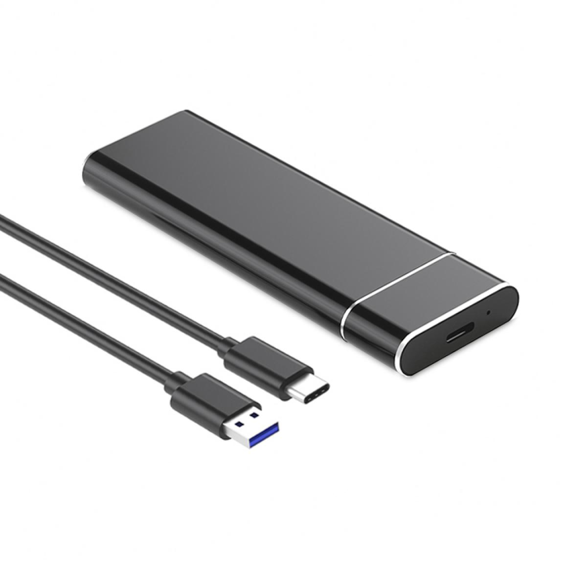 Eine schwarze externe Festplatte mit zwei schwarzen USB-Kabeln auf weißem Hintergrund.