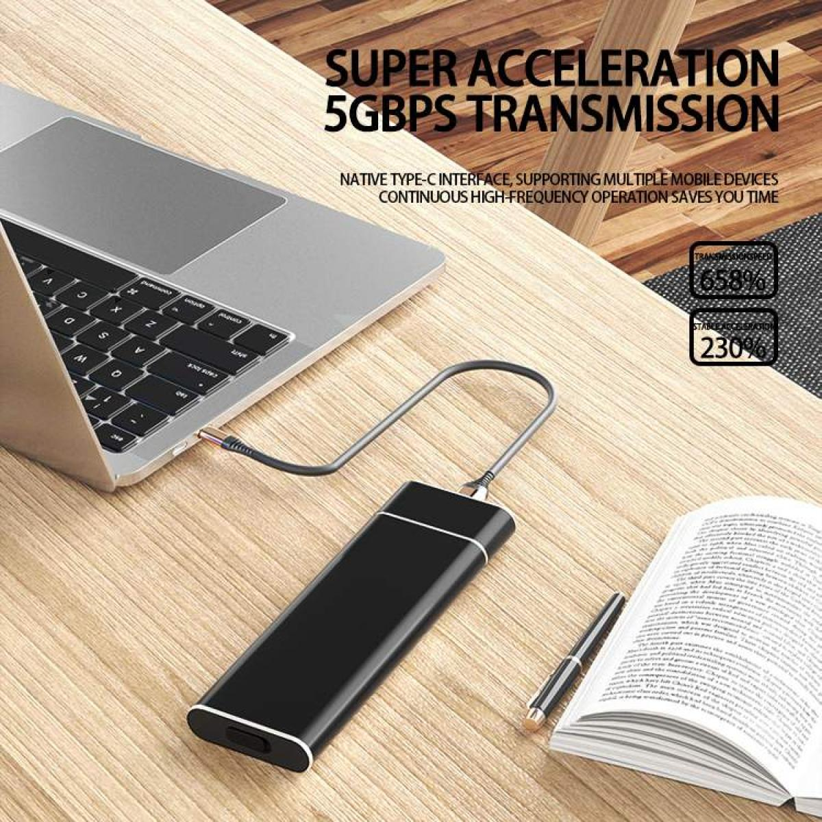 Ein Laptop mit angeschlossener Festplatte und Text-Overlay zur Leistung.