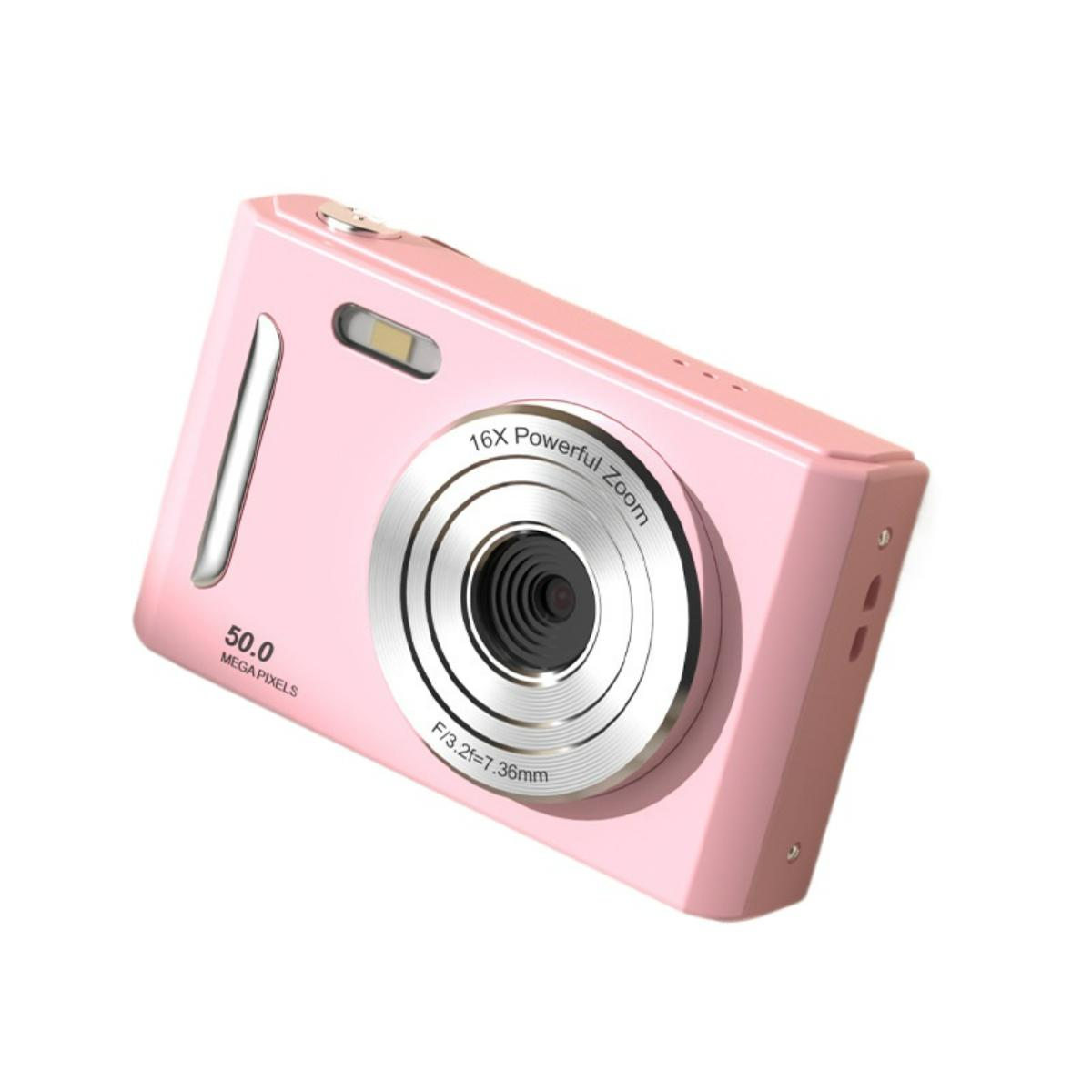 Eine rosa Digitalkamera mit silbernem Objektiv auf weißem Hintergrund.