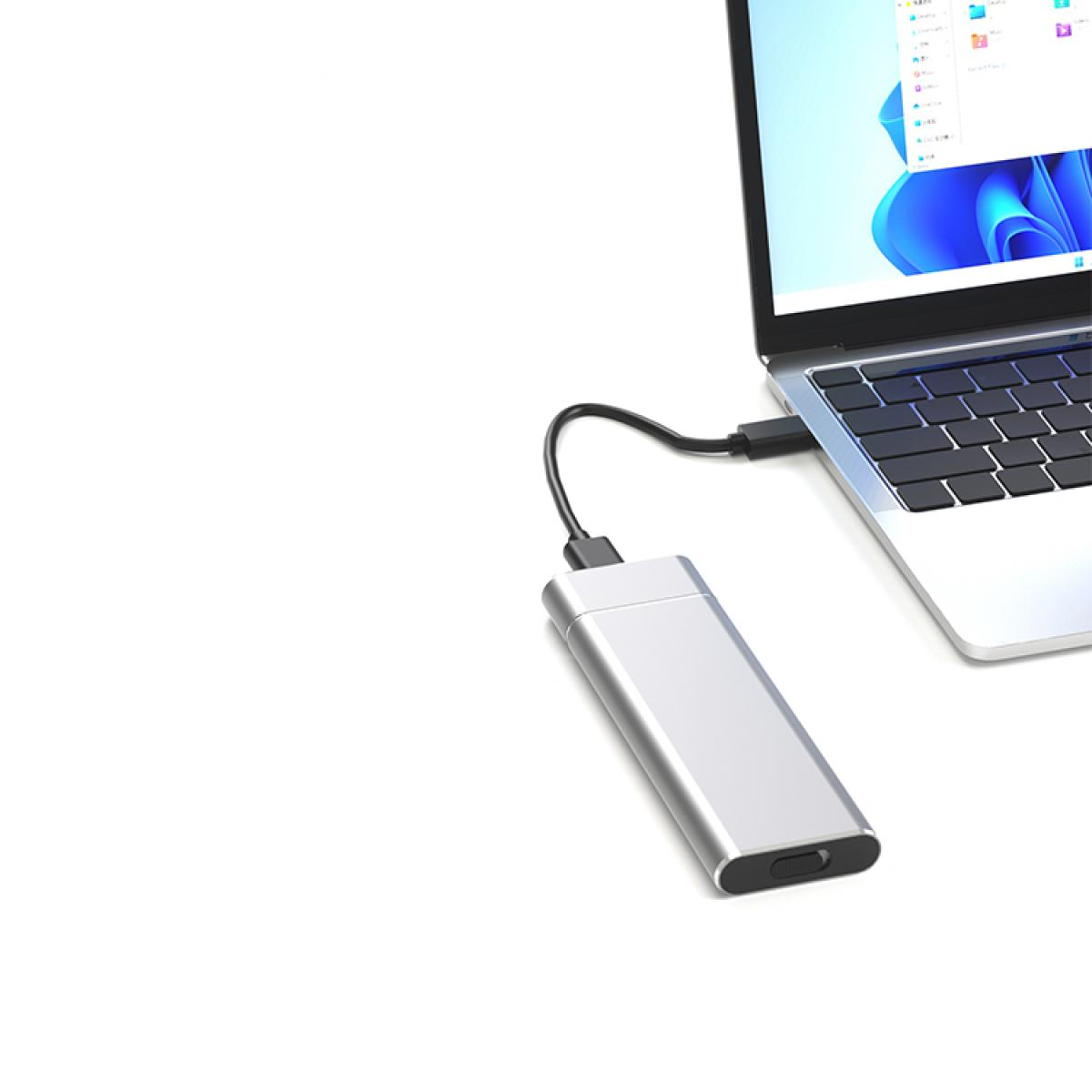 Eine silberne externe Festplatte ist über ein schwarzes Kabel mit einem Laptop auf weißem Hintergrund verbunden.